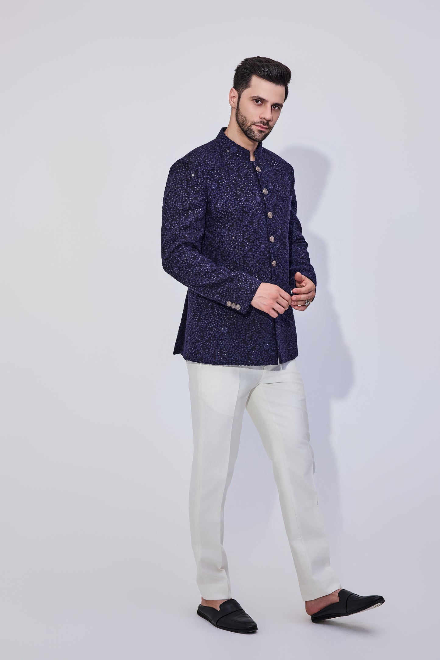 Navy Sequins Bandhgala With Offwhite Pants