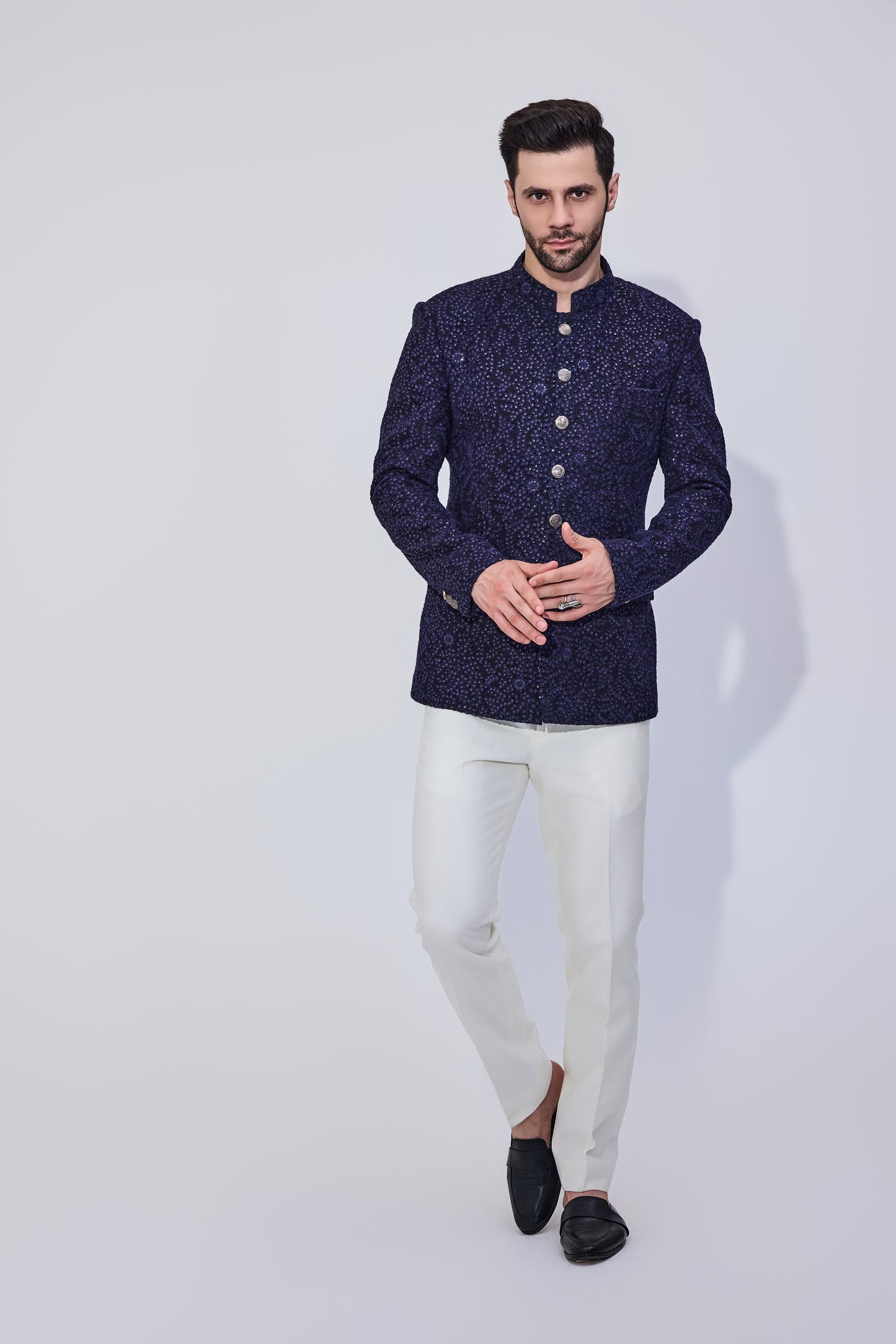 Navy Sequins Bandhgala With Offwhite Pants