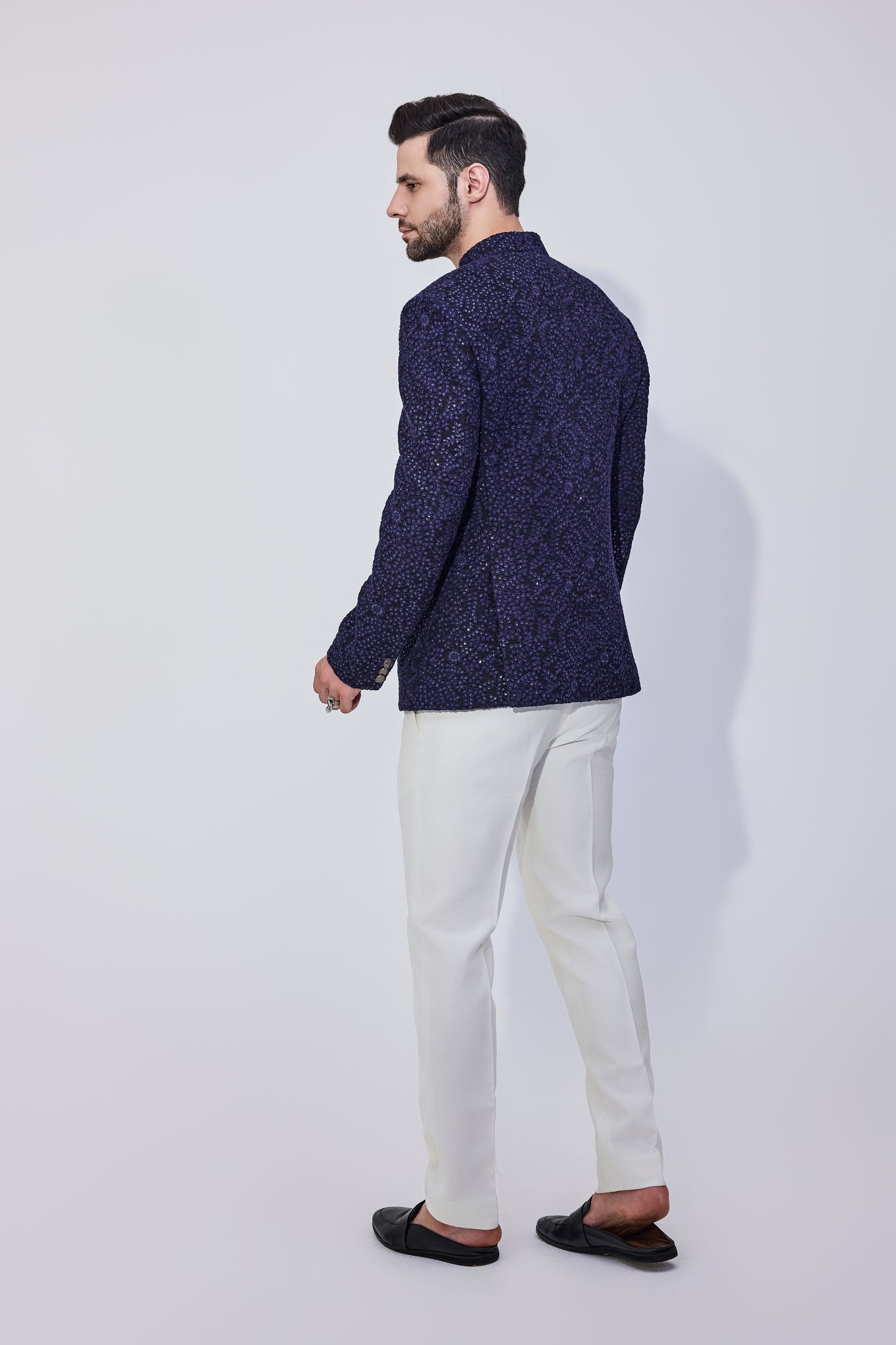 Navy Sequins Bandhgala With Offwhite Pants