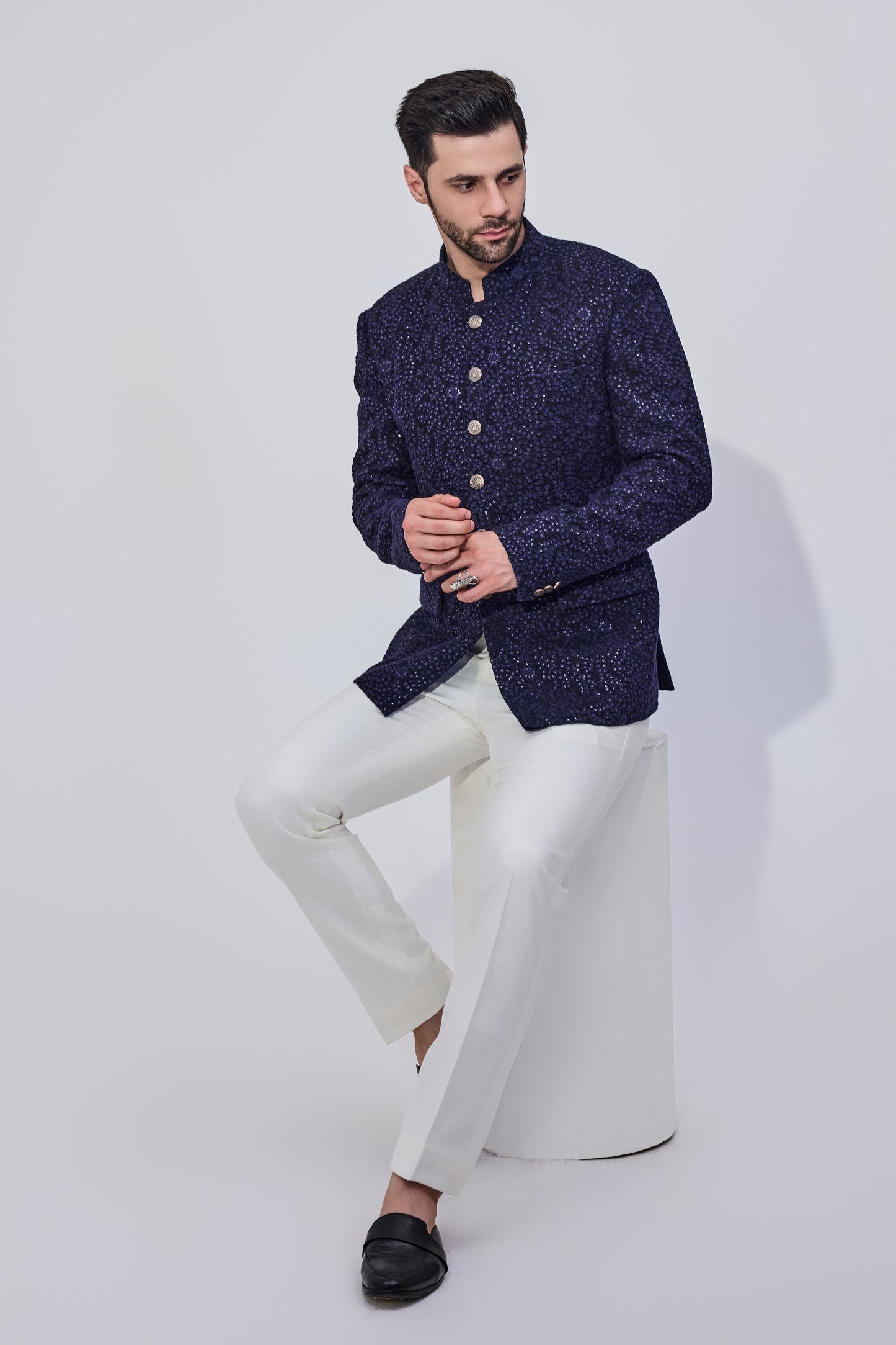 Navy Sequins Bandhgala With Offwhite Pants