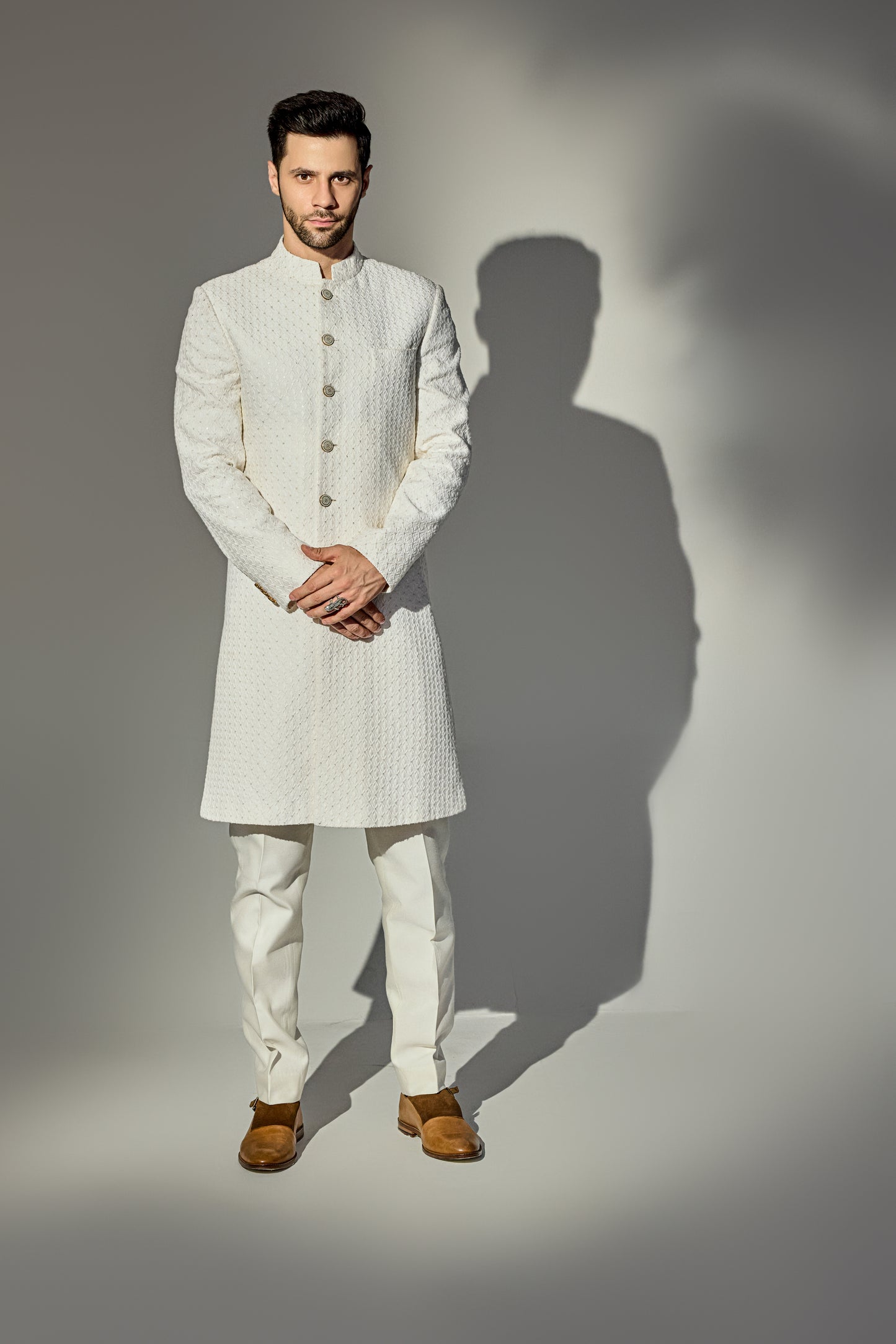Offwhite Thread Work Achkan With Single Sequins