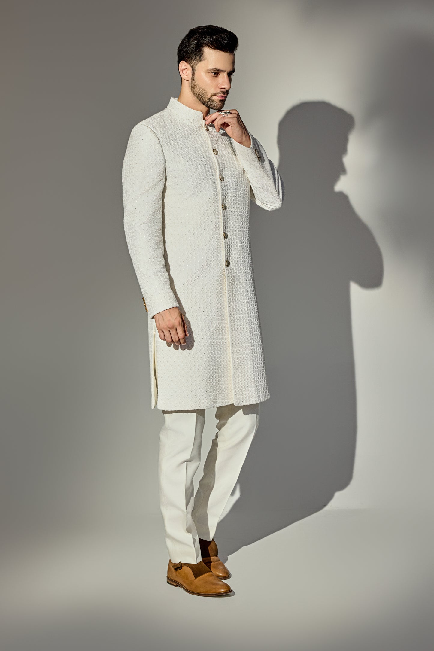 Offwhite Thread Work Achkan With Single Sequins