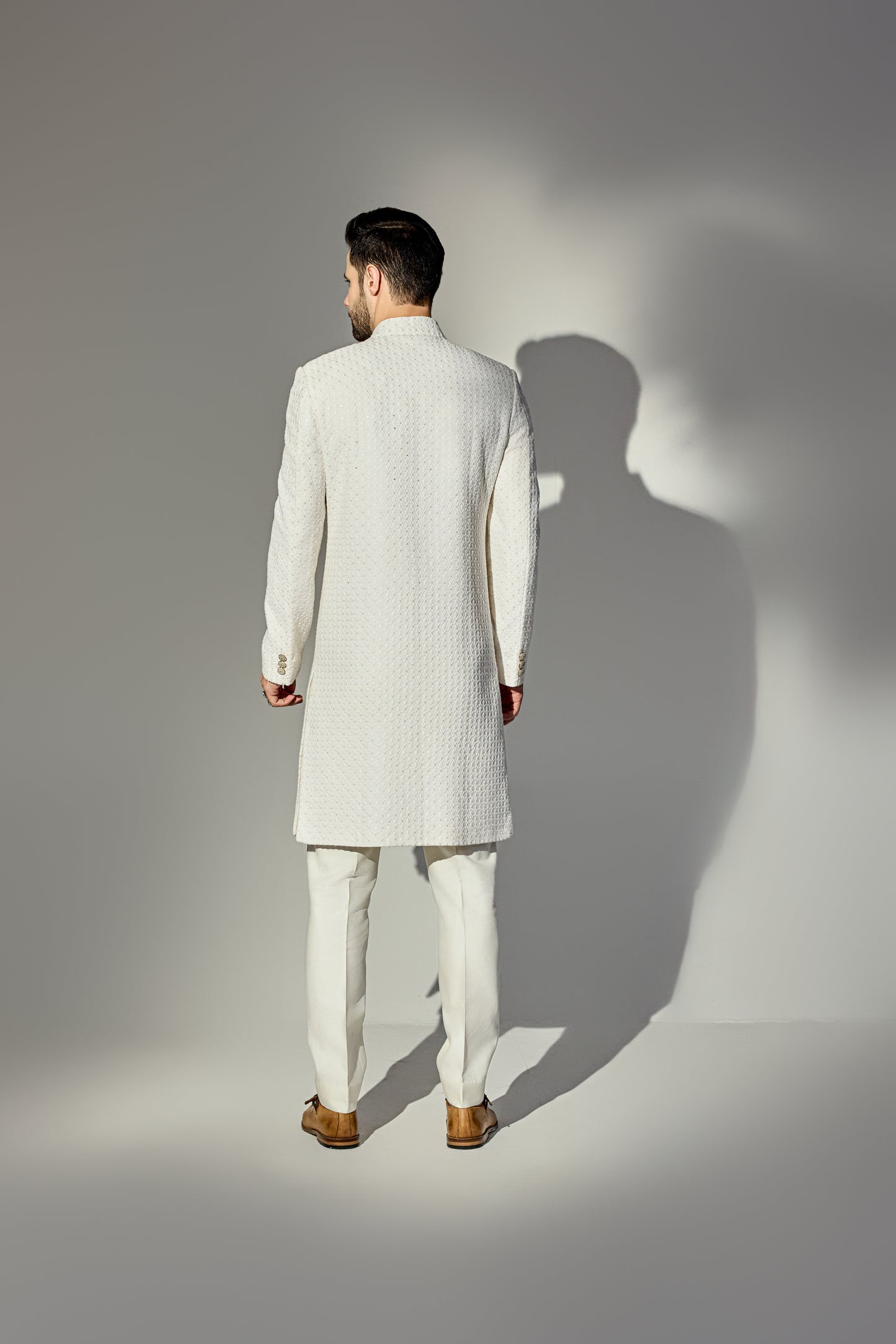 Offwhite Thread Work Achkan With Single Sequins