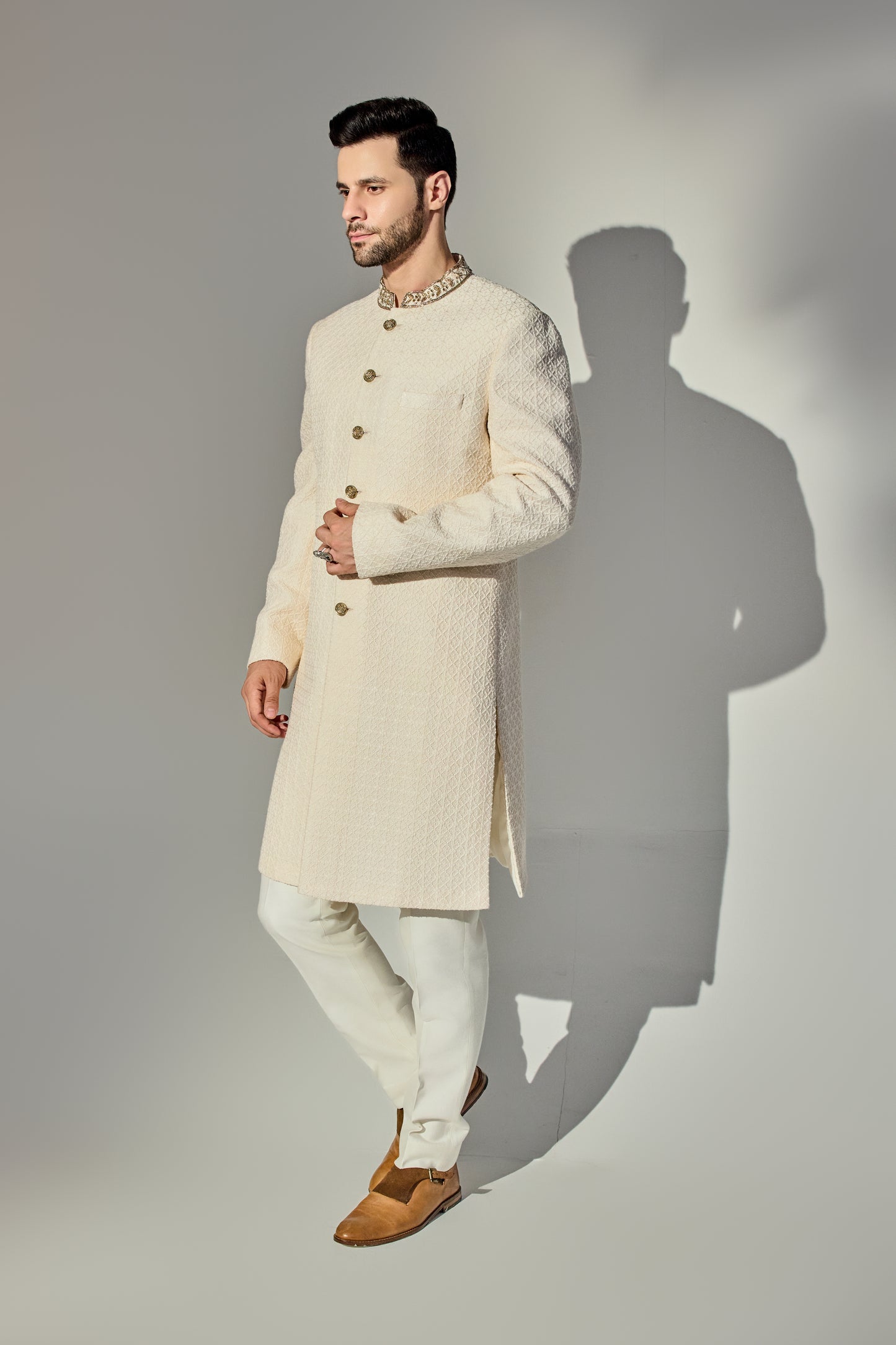 Light Pink Dabbi Achkan With Neck Gold Work