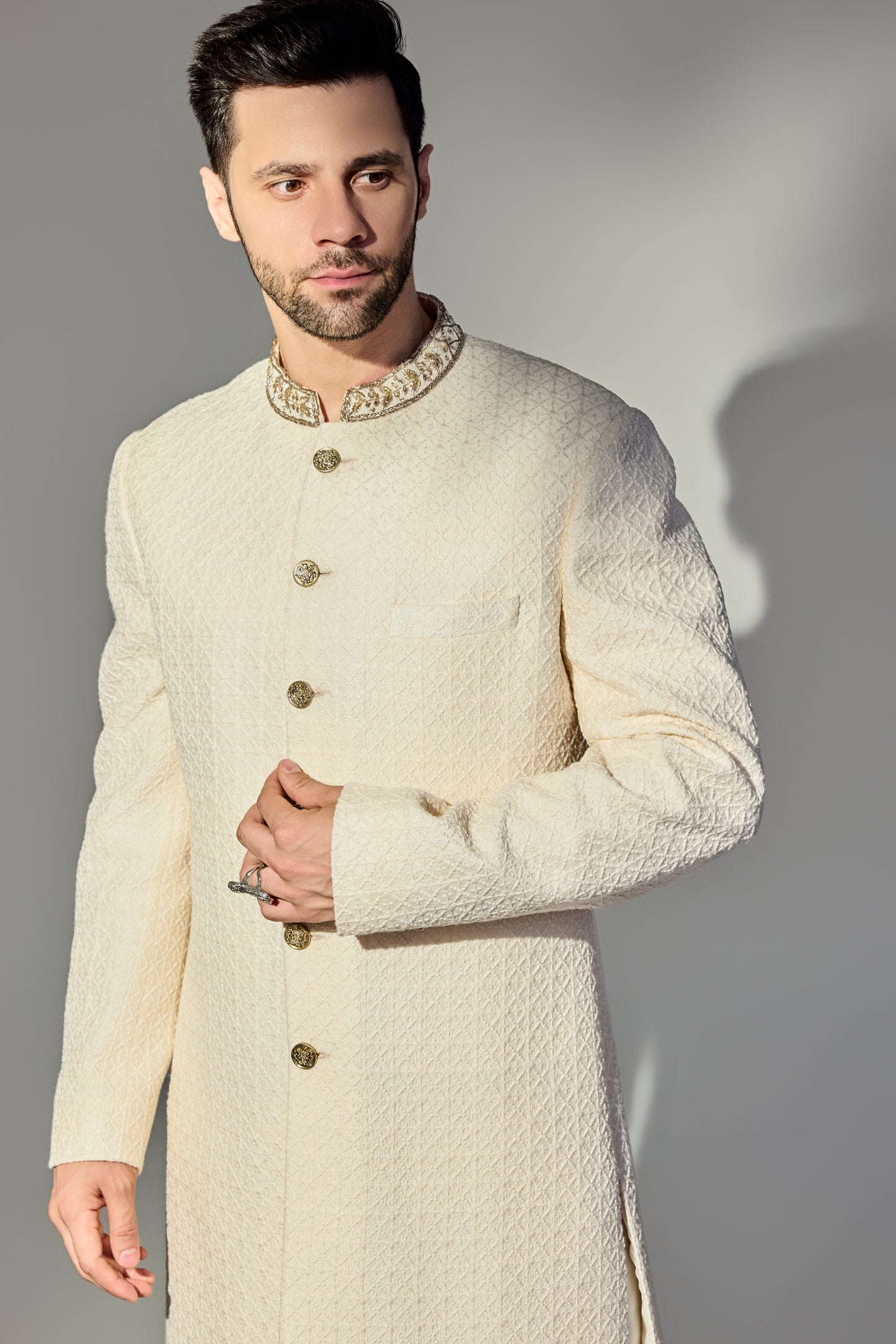 Light Pink Dabbi Achkan With Neck Gold Work