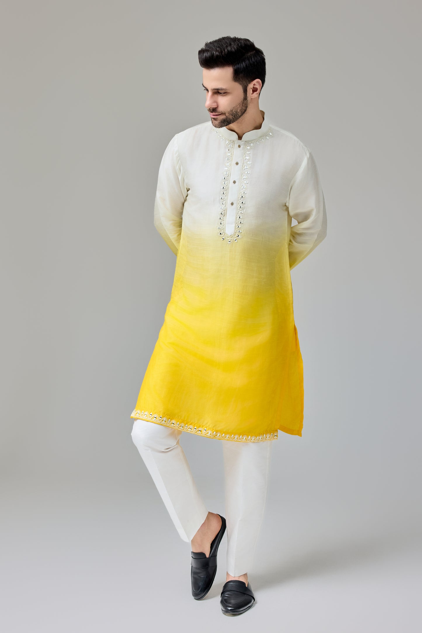 Yellow White Ombre Kurta With Dori And Mirror Work