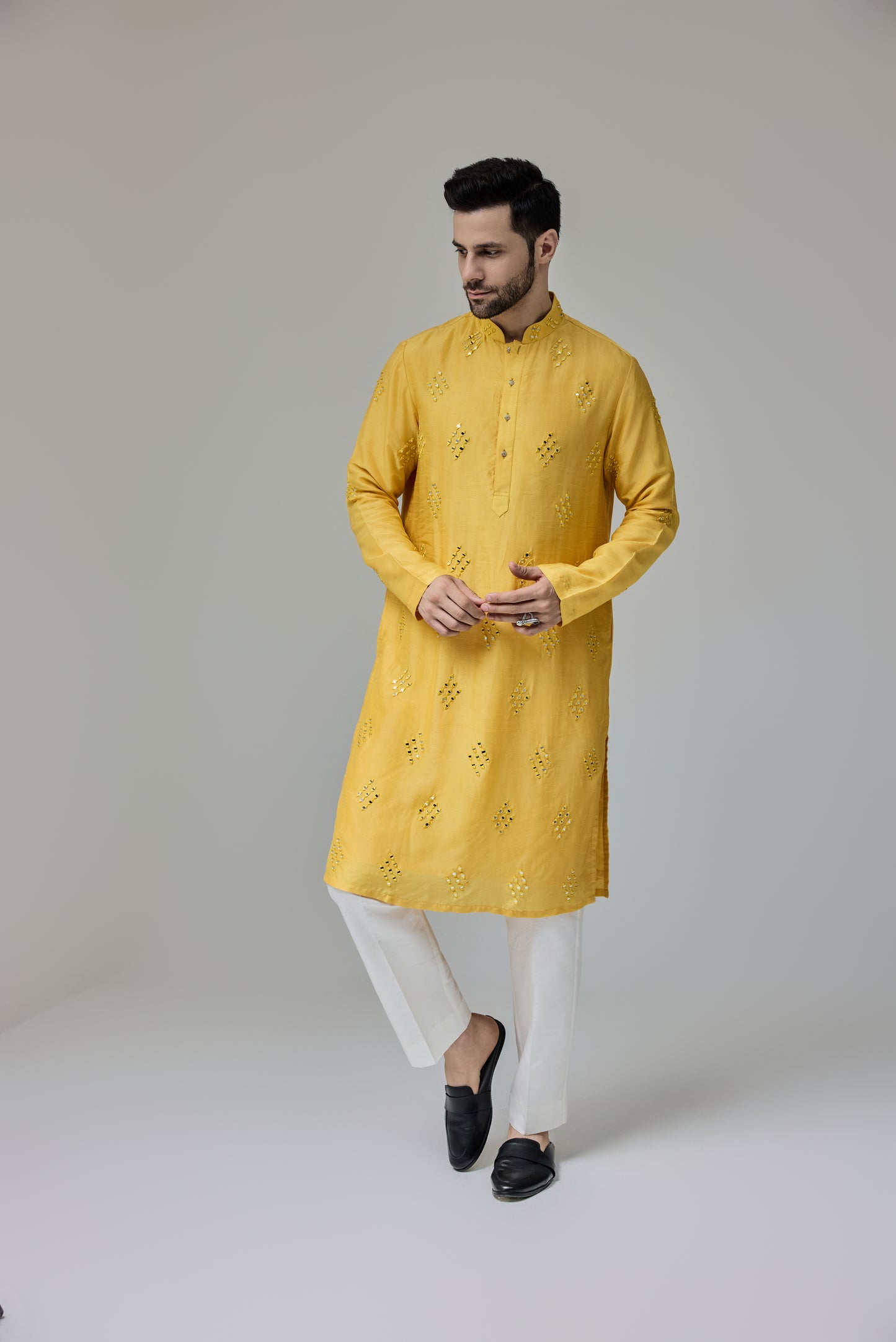 Yellow Kurta With Mirror Work Motifs