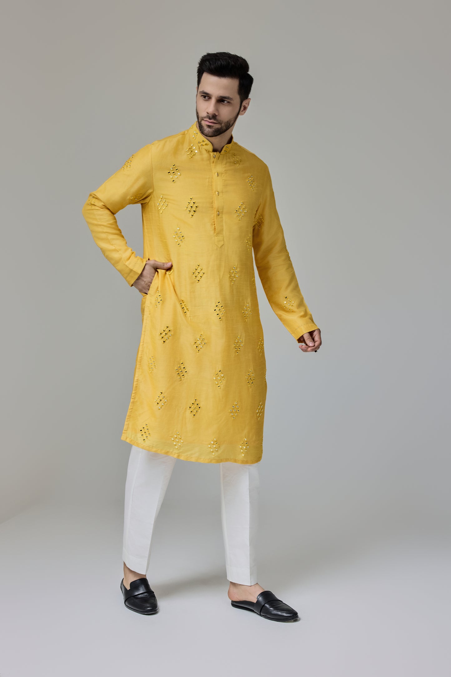 Yellow Kurta With Mirror Work Motifs