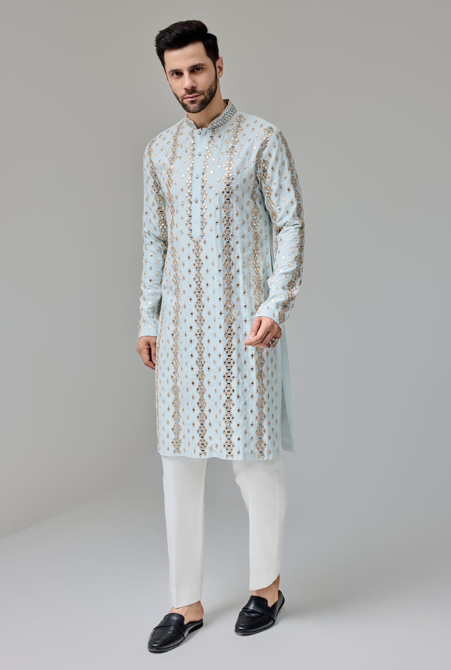 Light Blue Leather Patch Mirror Kurta With Zari