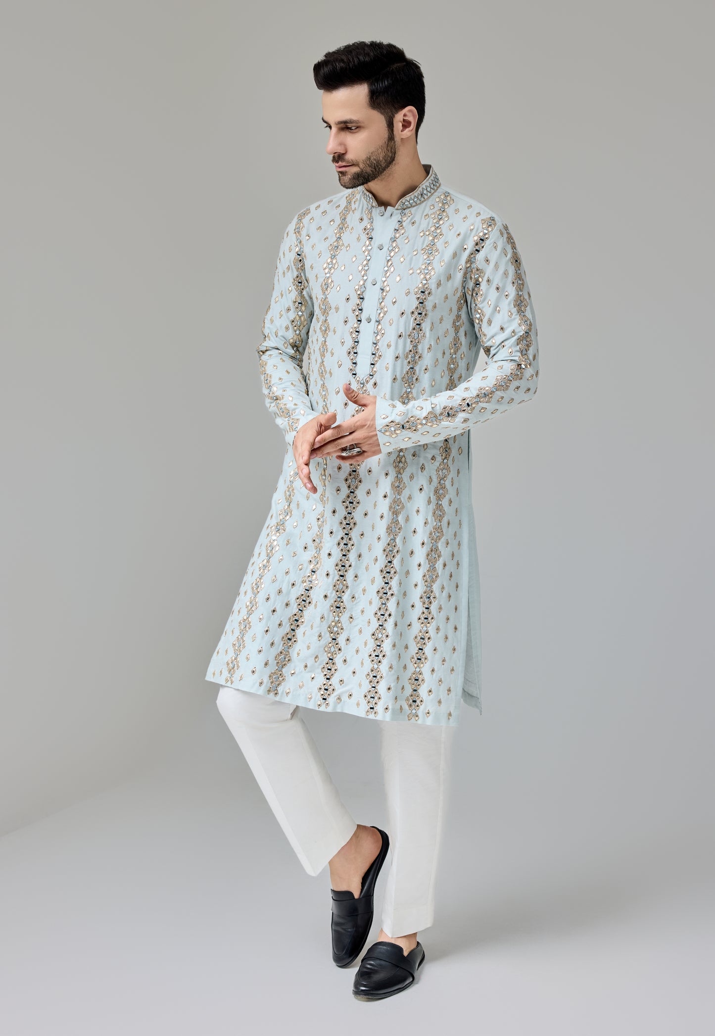 Light Blue Leather Patch Mirror Kurta With Zari