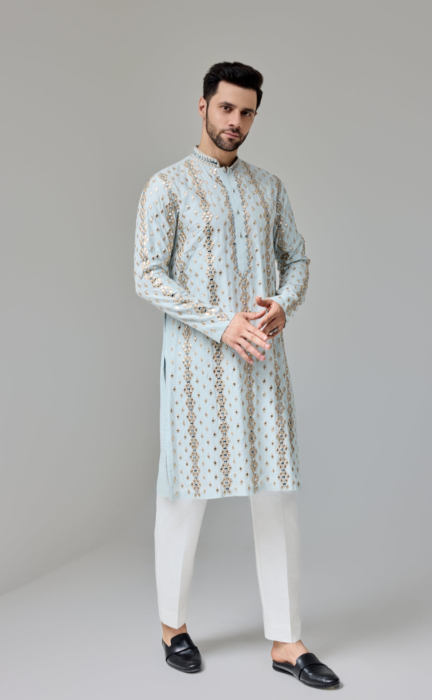 Light Blue Leather Patch Mirror Kurta With Zari
