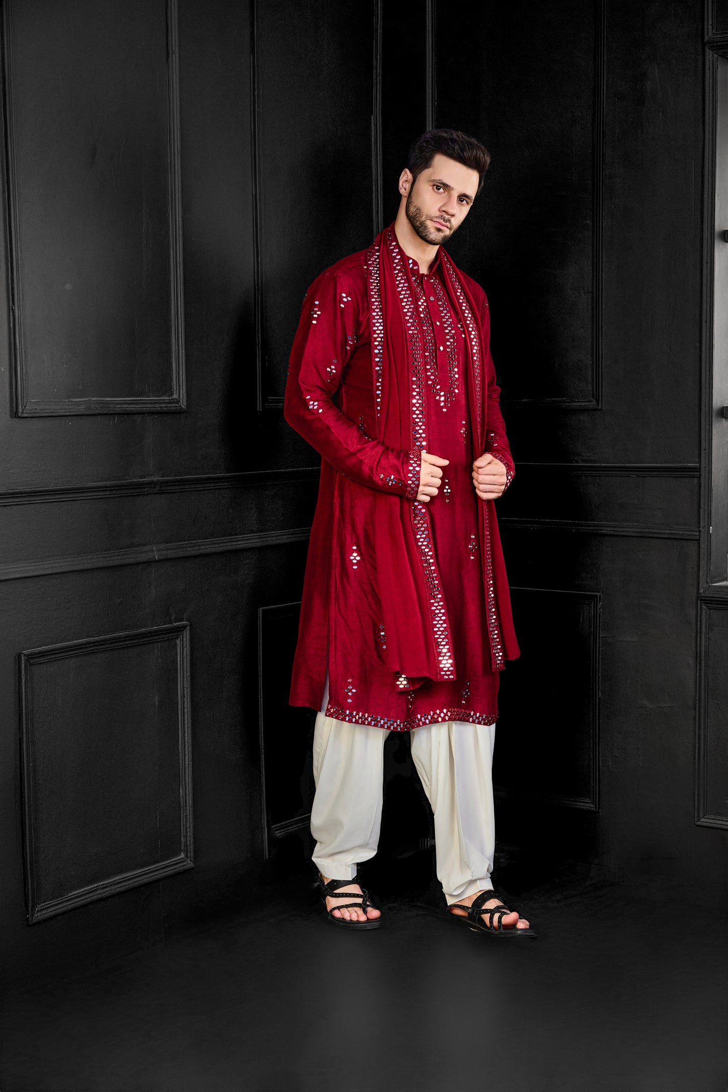 Red Mirror Kurta With Salwar And Dupatta