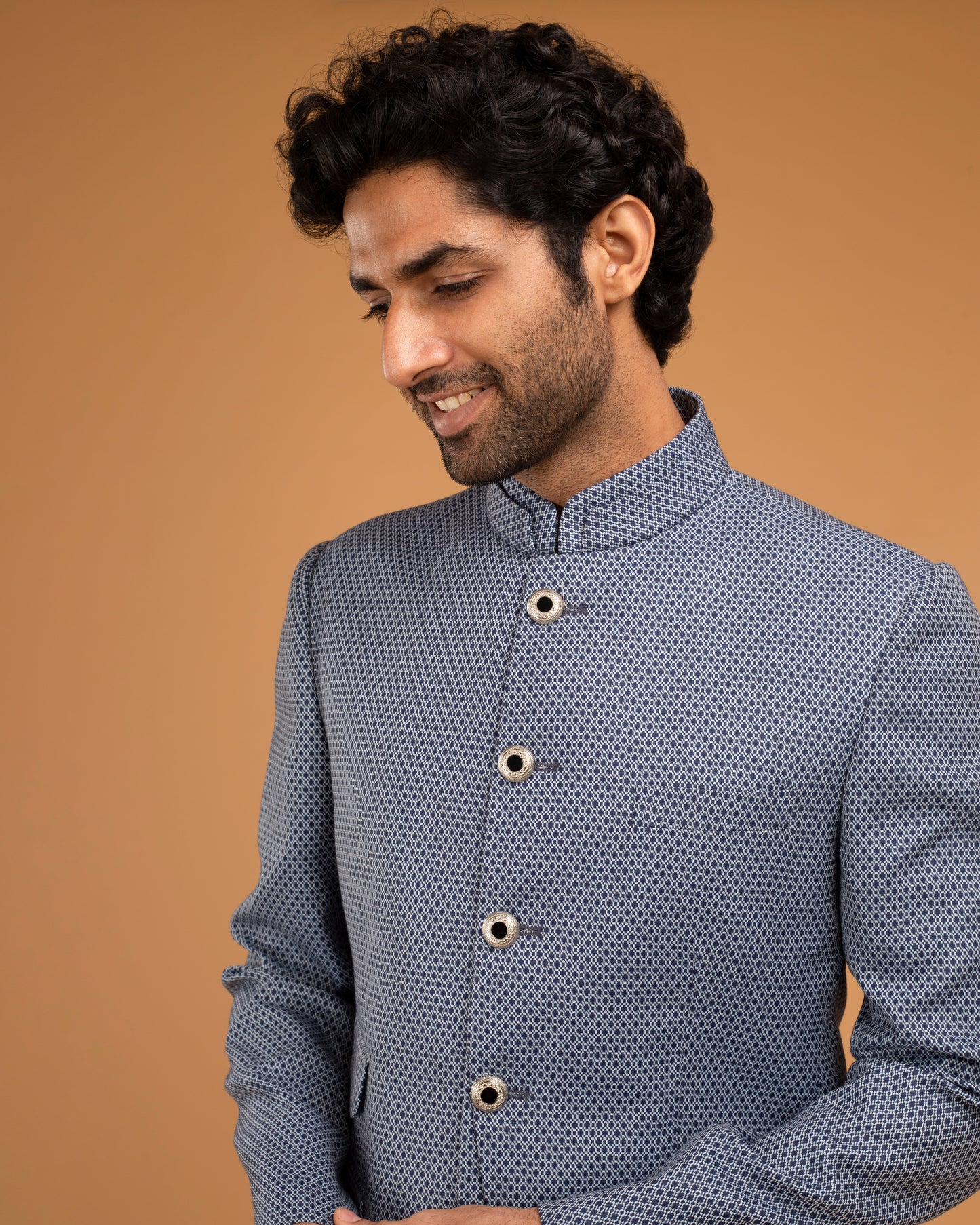 Whiteblue Texture Bandhgala With Front Panel small