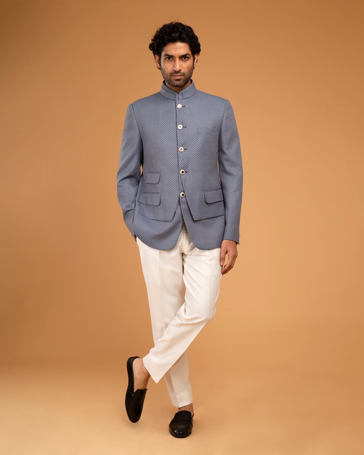 Whiteblue Texture Bandhgala With Front Panel small