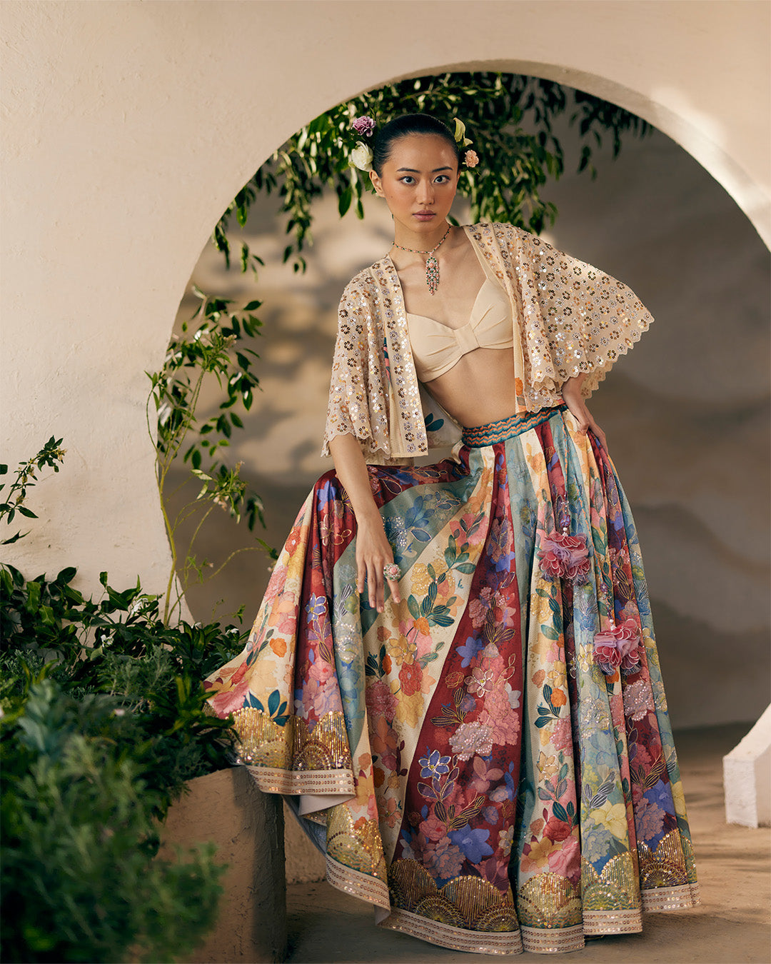 Tankgka Treasure Lehenga With Bow Blouse and Himalayan Star Flower Cape