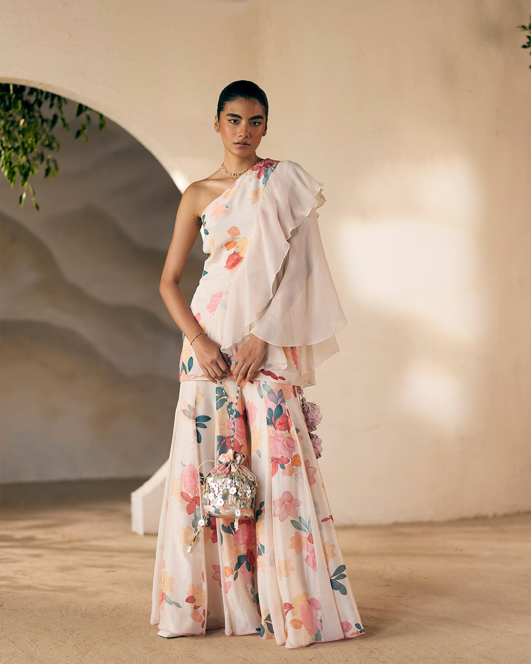 Printed One Shoulder Tunic Paired With Printed Sharara Pants