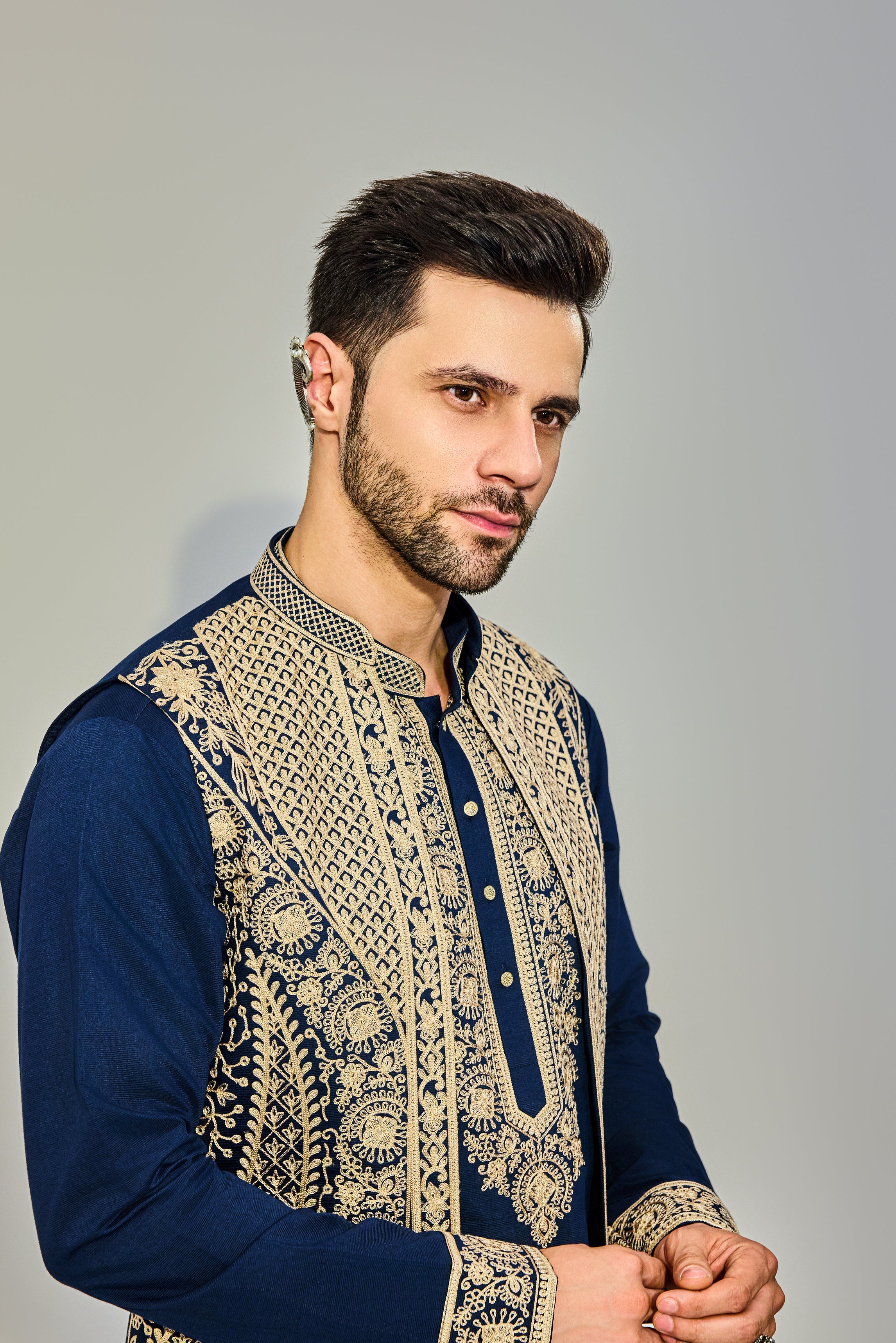 Navy Kurta Jacket Set With Beige Embriodry