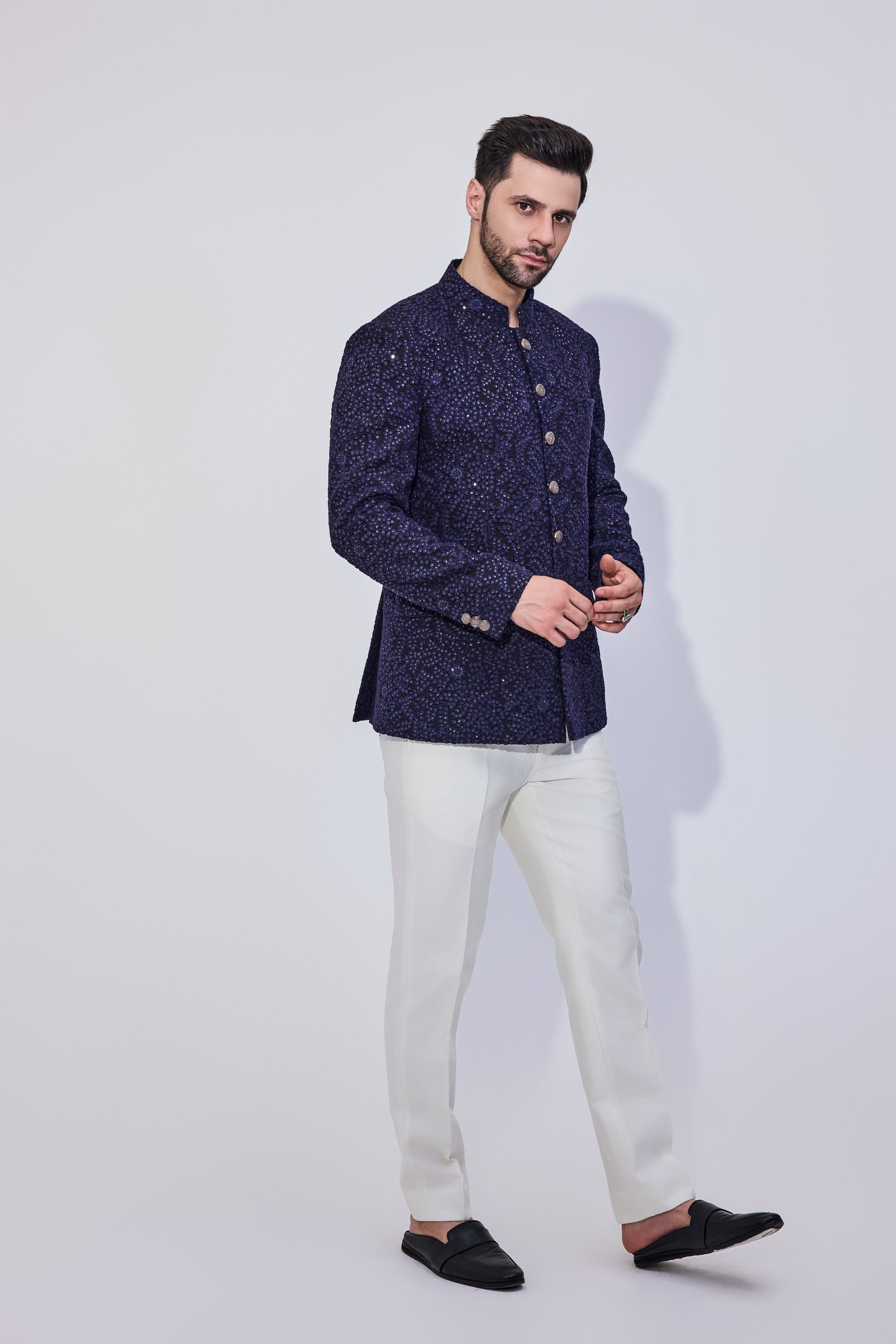 Navy Sequins Bandhgala With Offwhite Pants