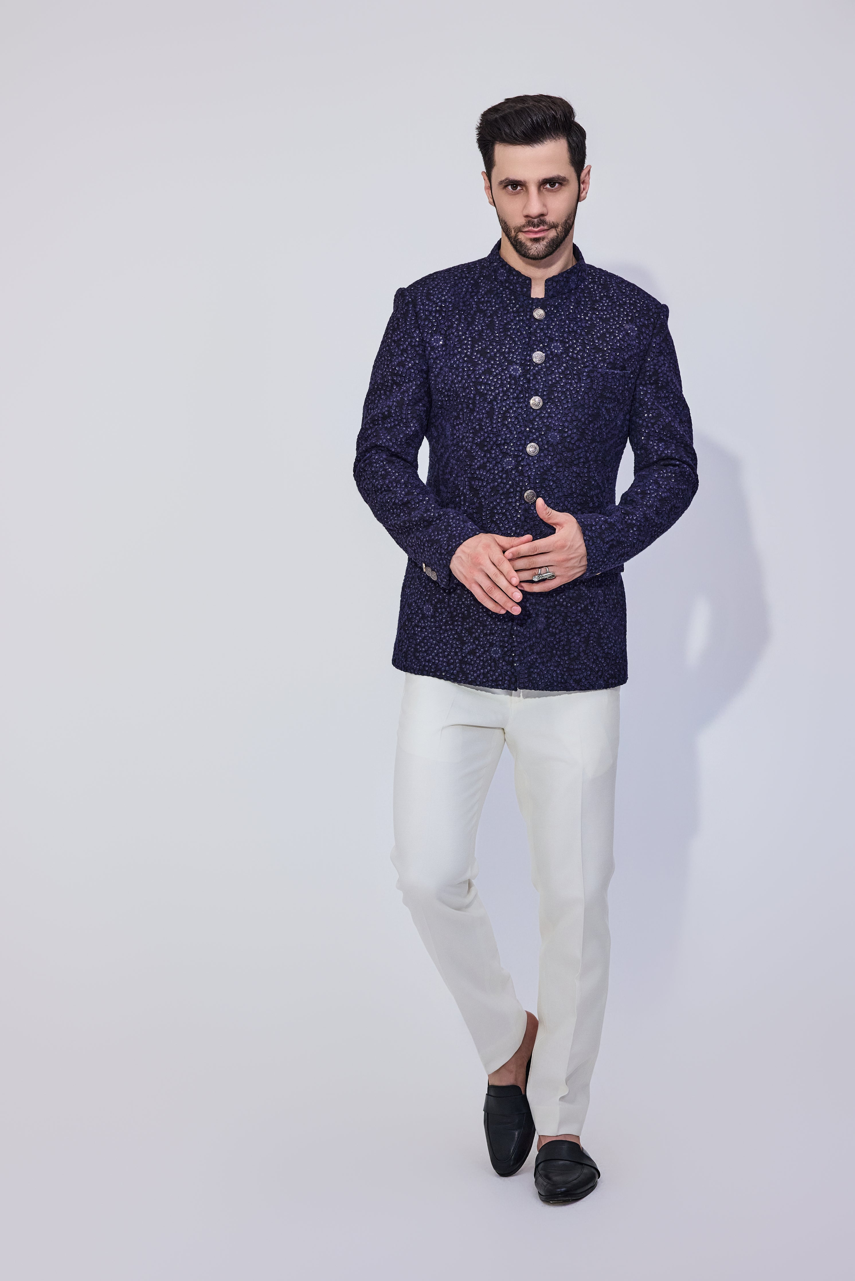 Navy Sequins Bandhgala With Offwhite Pants