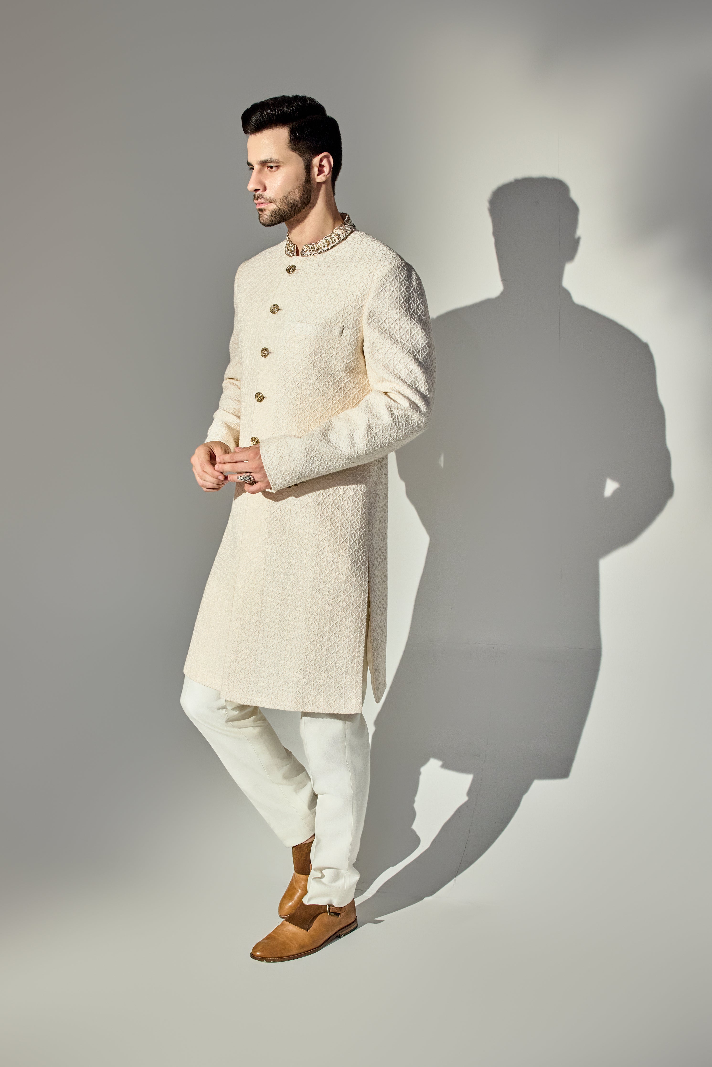 Light Pink Dabbi Achkan With Neck Gold Work