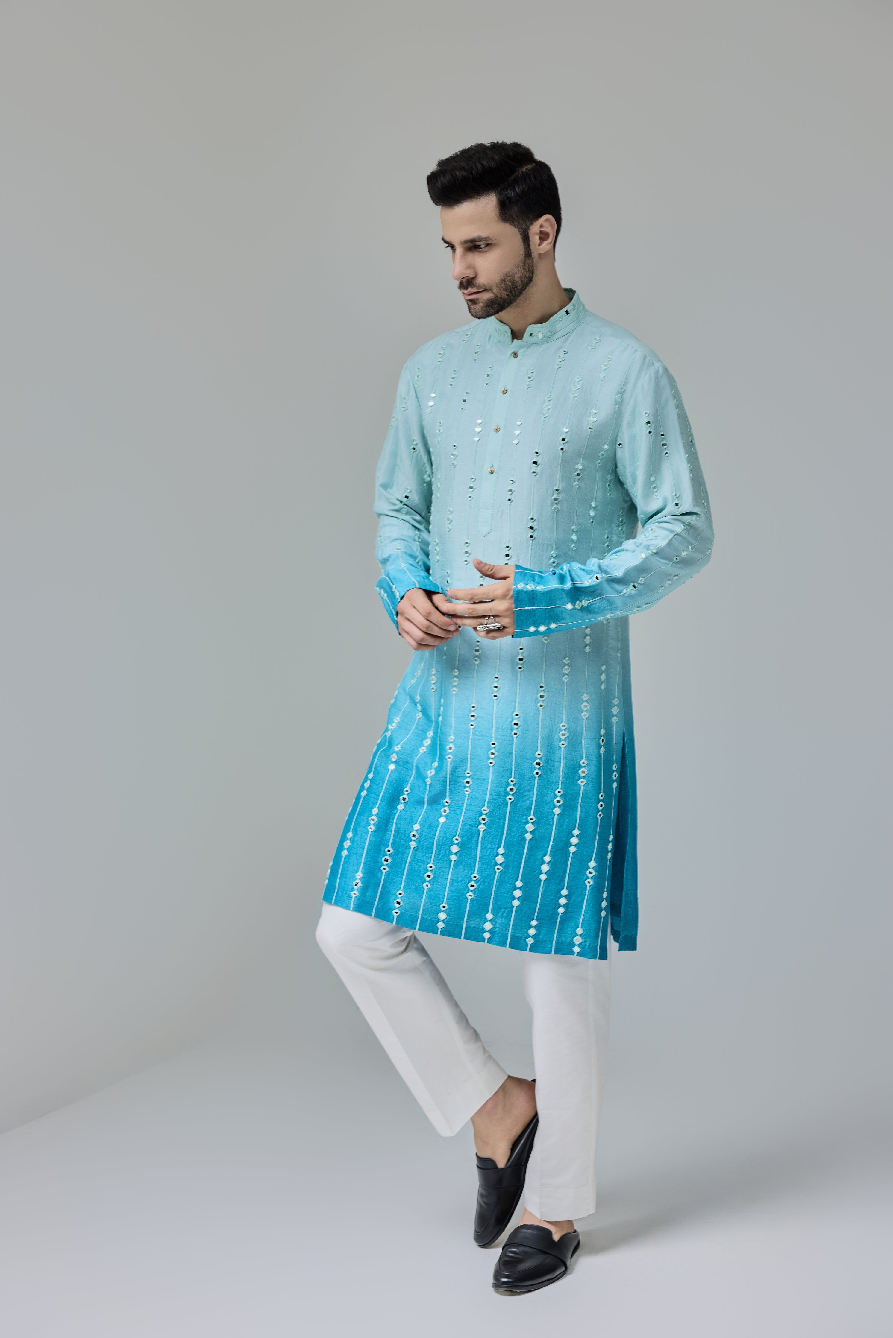 Blue White Ombre Kurta With Mirror Work