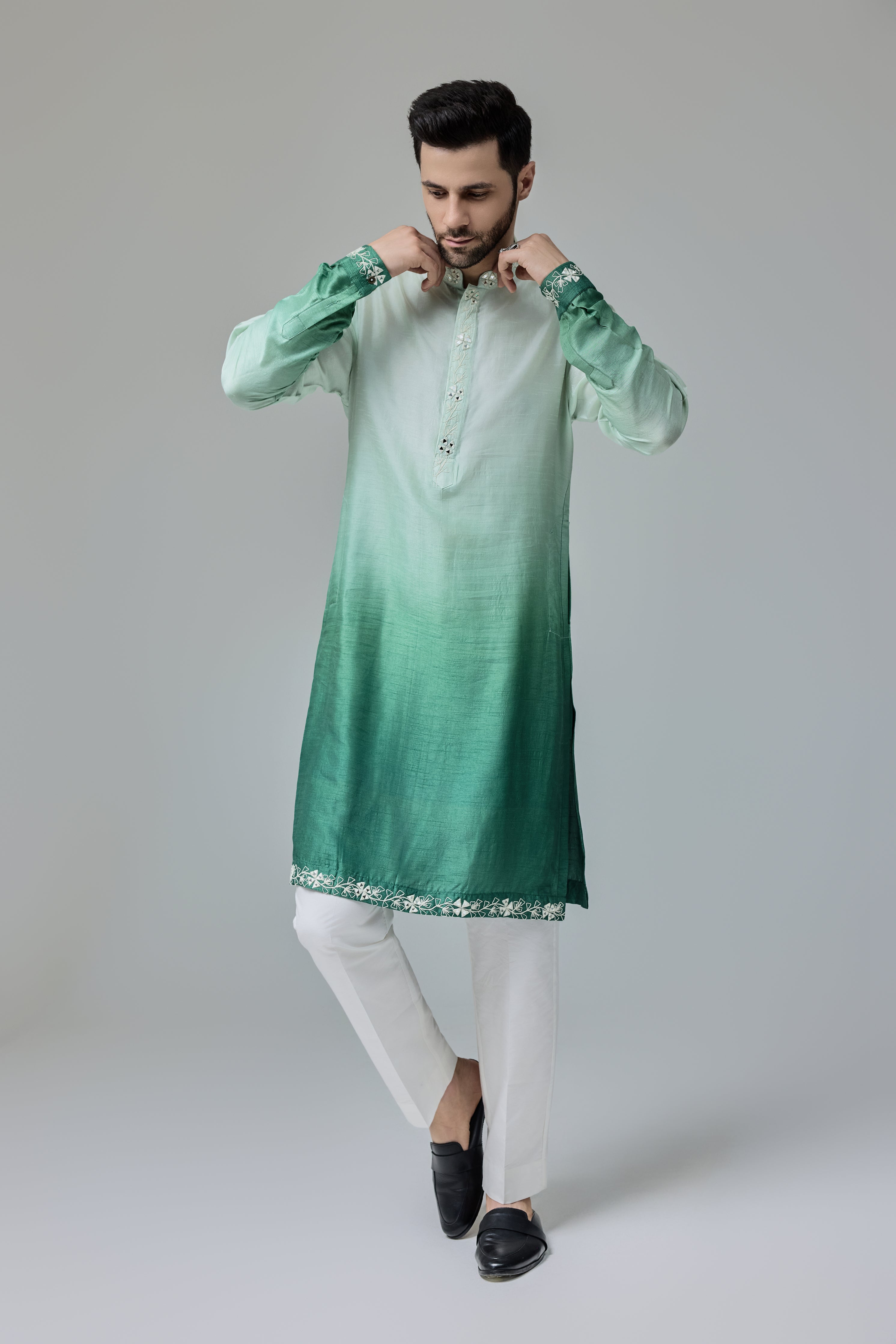 Green White Ombre Kurta With Mirror Work