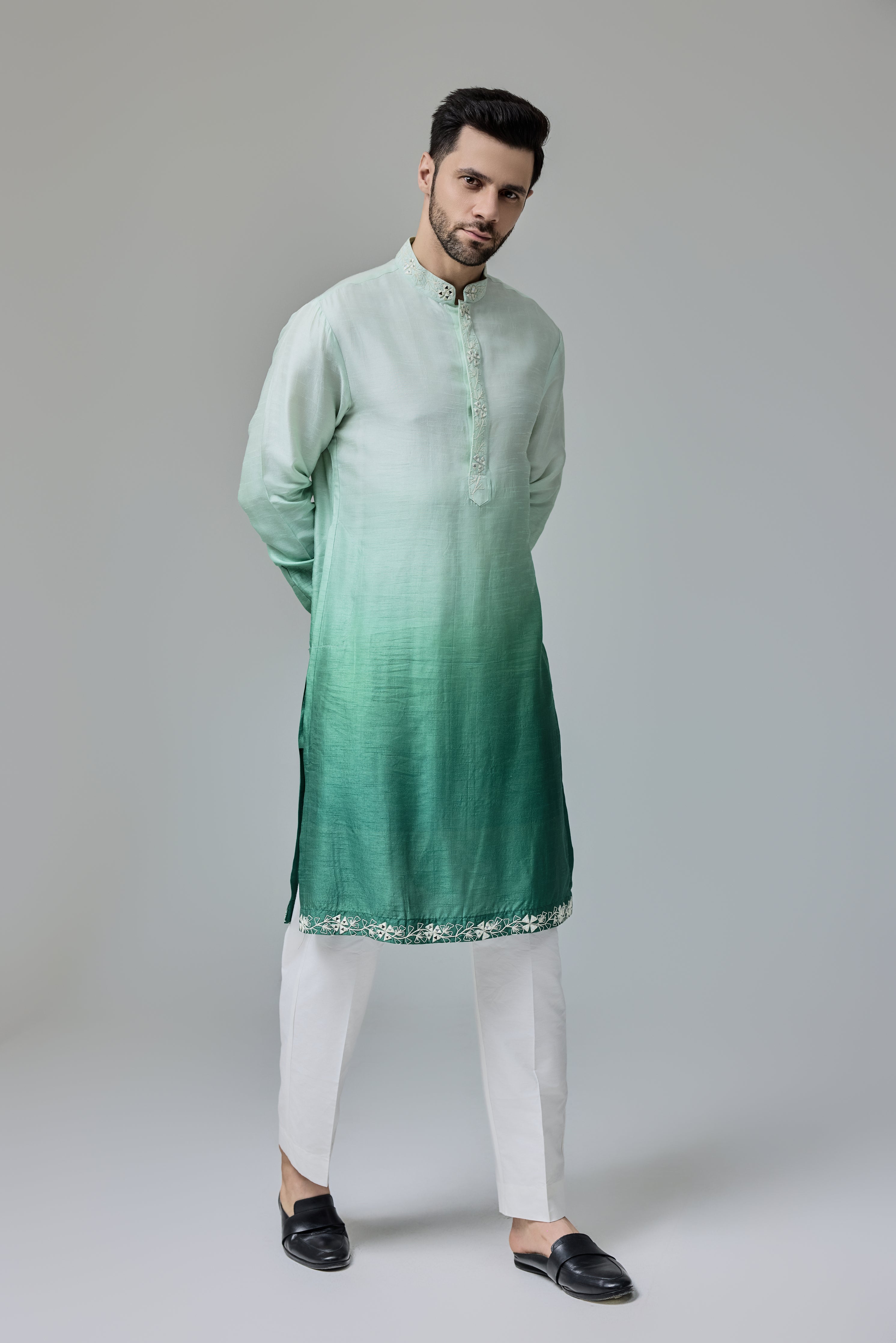 Green White Ombre Kurta With Mirror Work