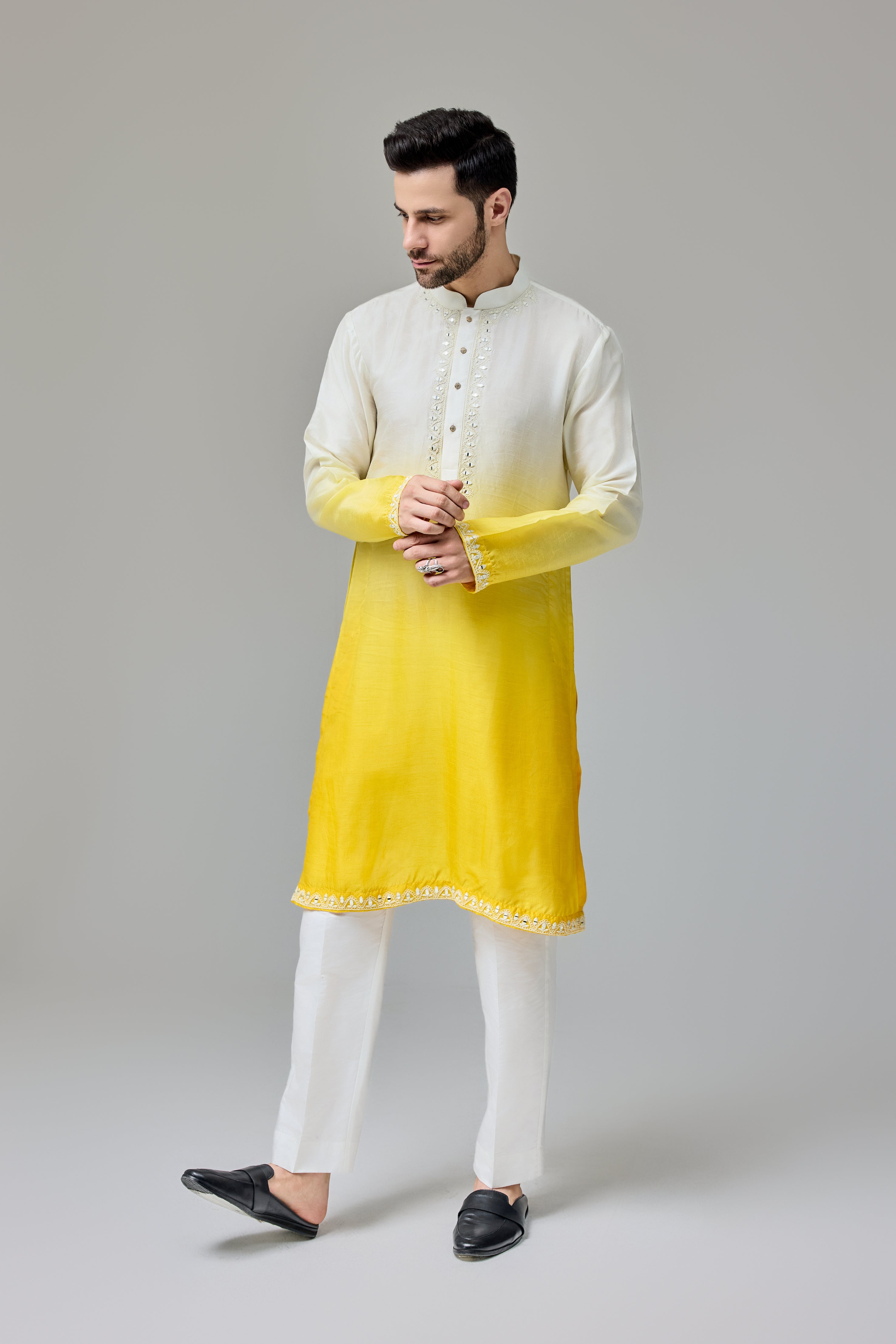 Yellow White Ombre Kurta With Dori And Mirror Work