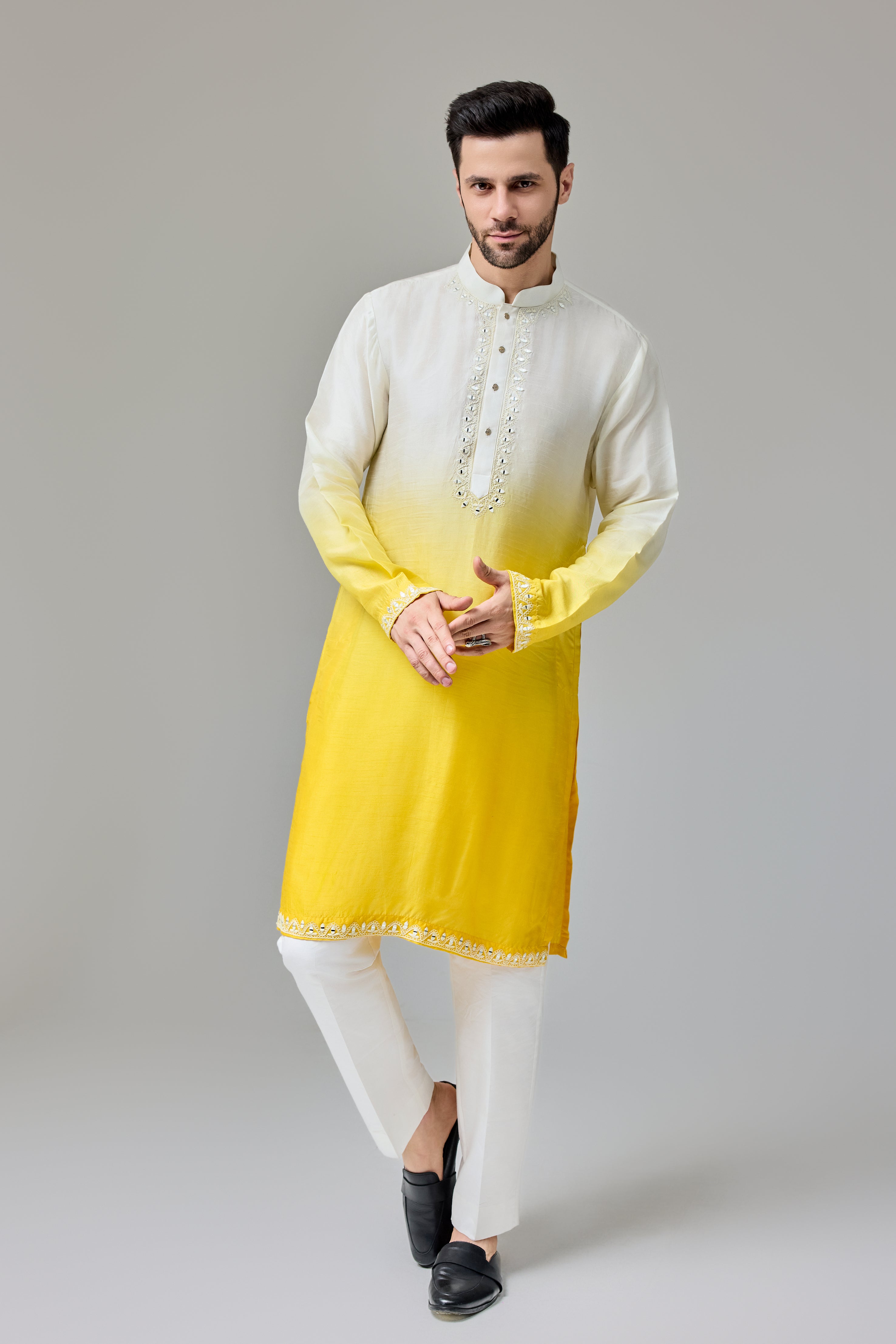 Yellow White Ombre Kurta With Dori And Mirror Work