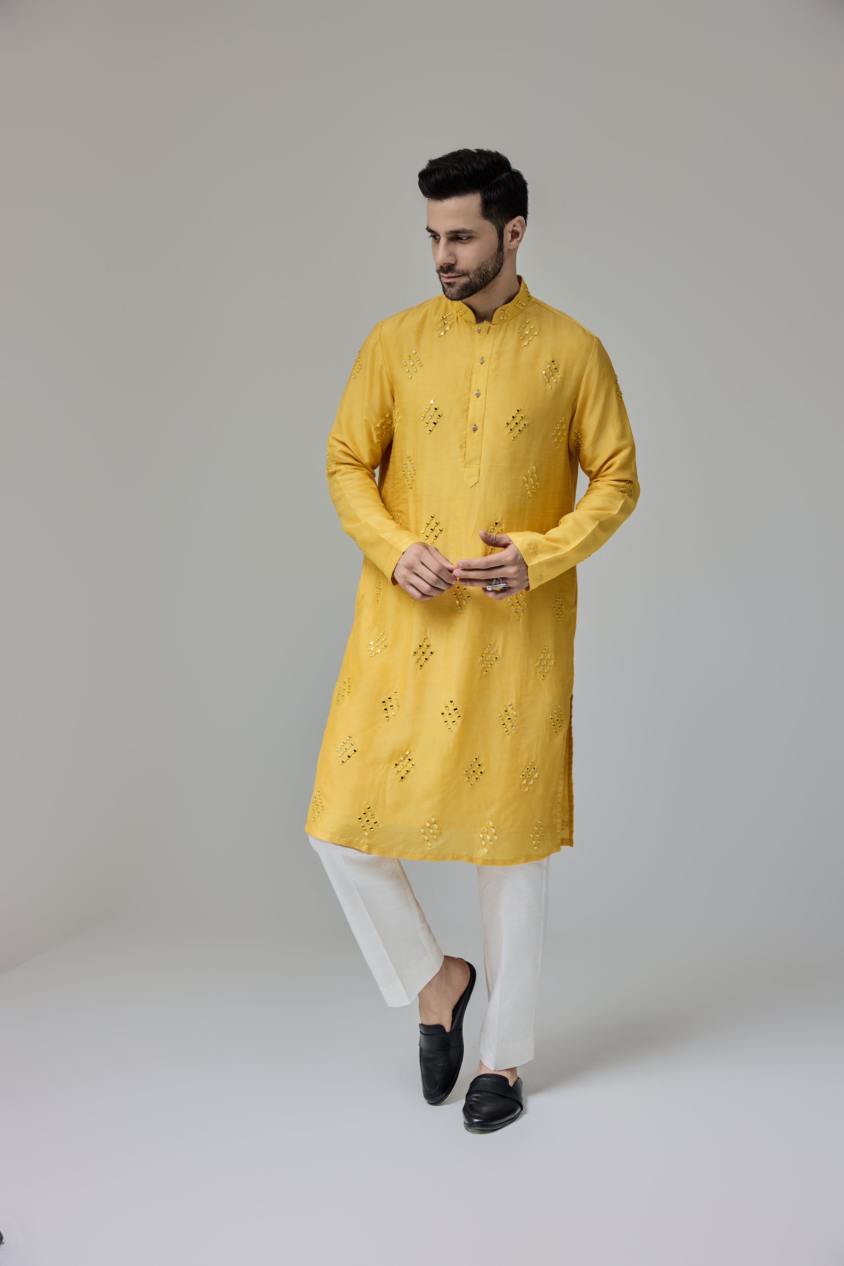 Yellow Kurta With Mirror Work Motifs