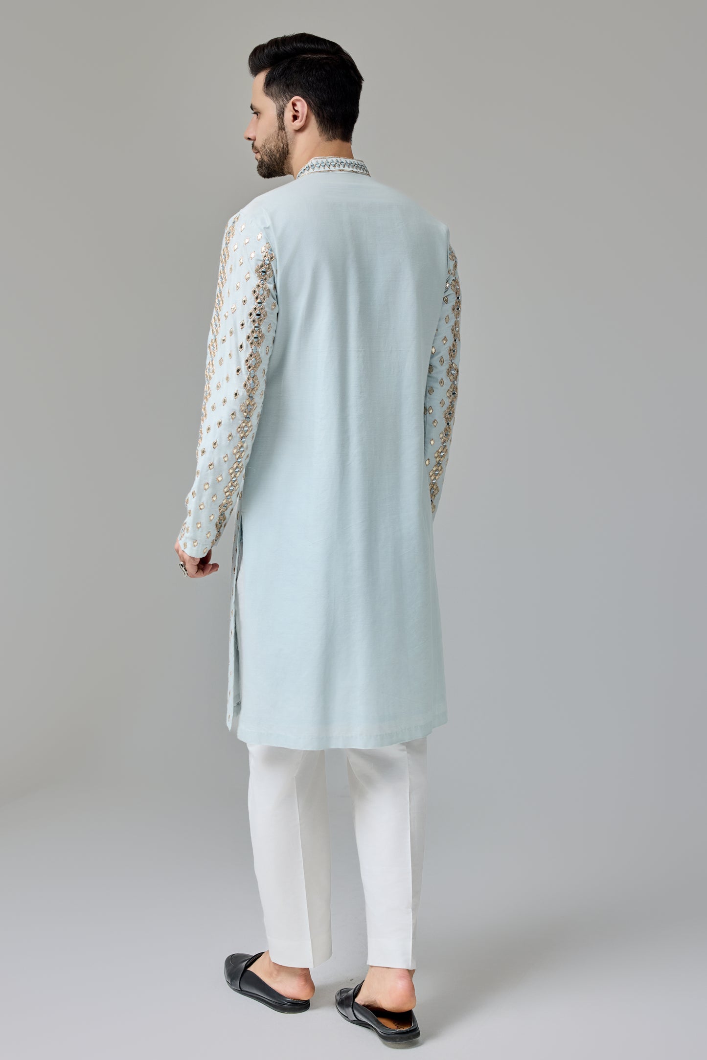 Light Blue Leather Patch Mirror Kurta With Zari