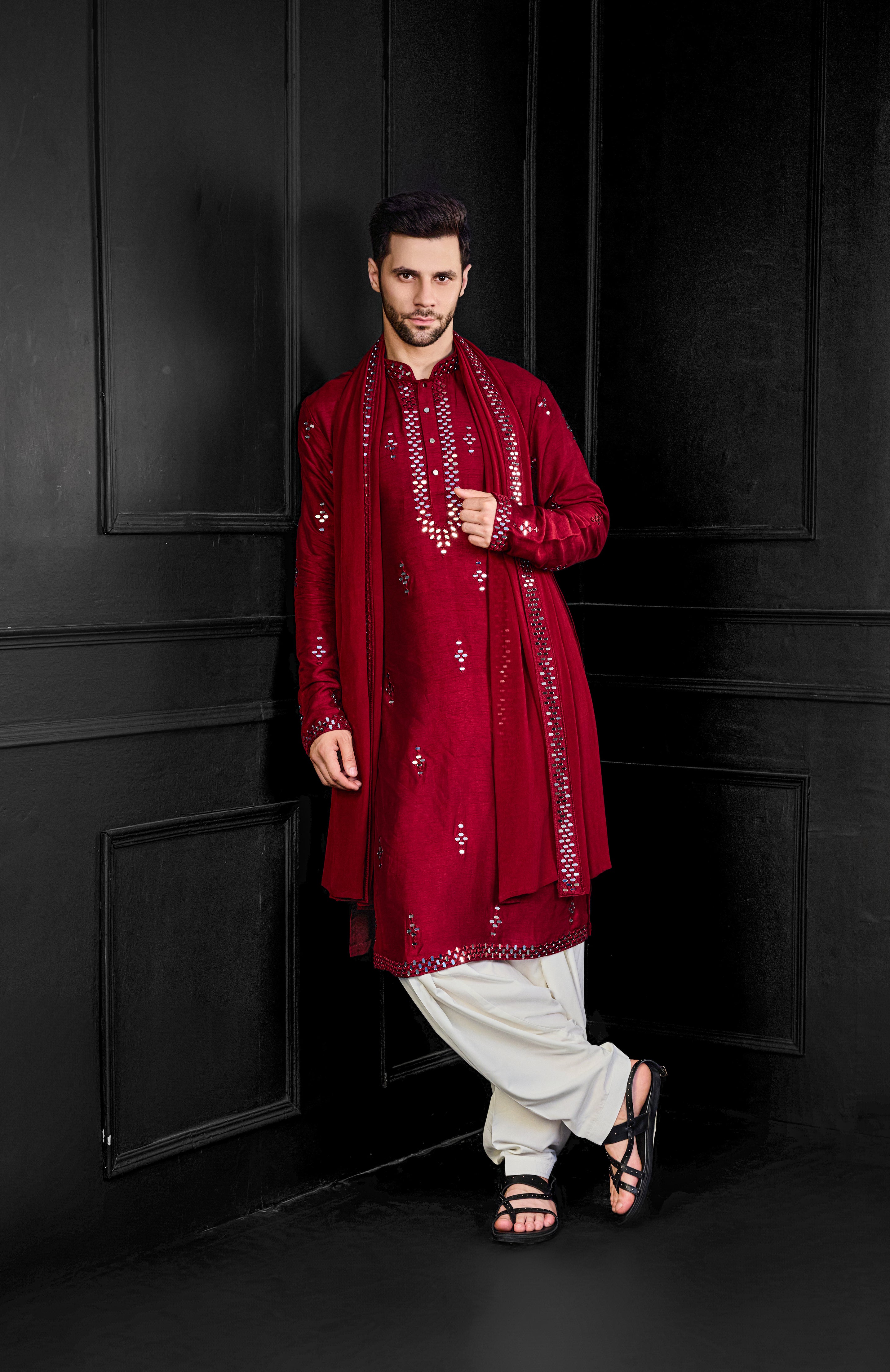 Red Mirror Kurta With Salwar And Dupatta