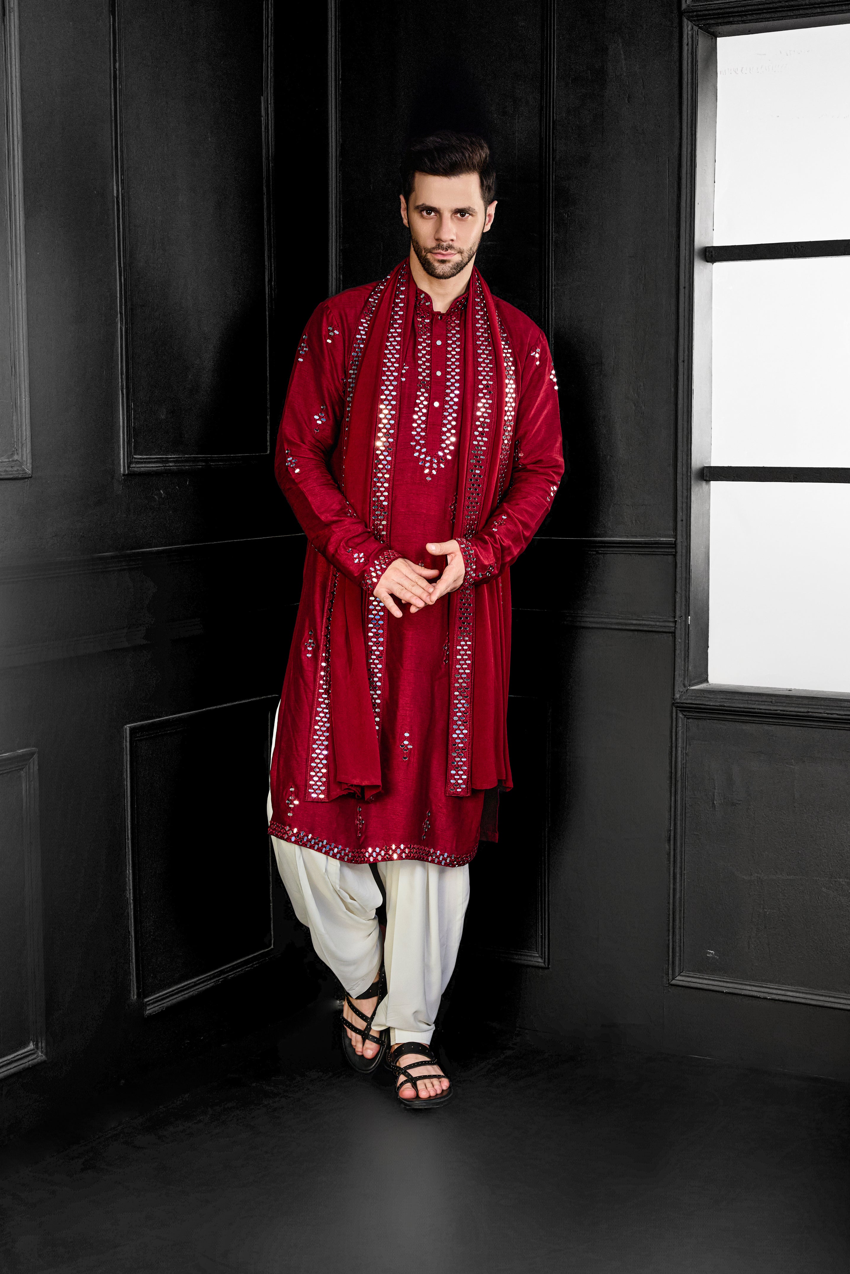 Red Mirror Kurta With Salwar And Dupatta