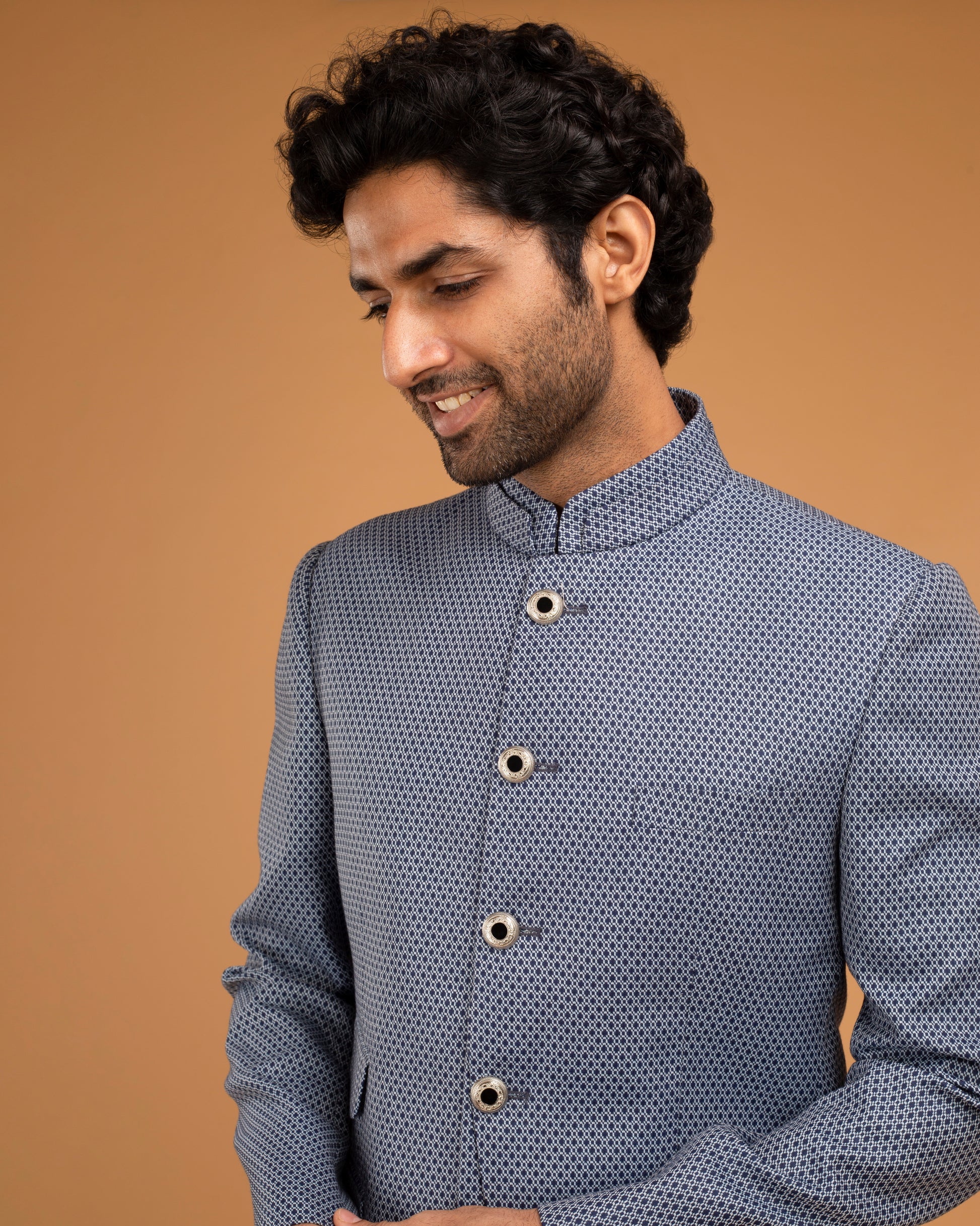 Whiteblue Texture Bandhgala With Front  Panel small