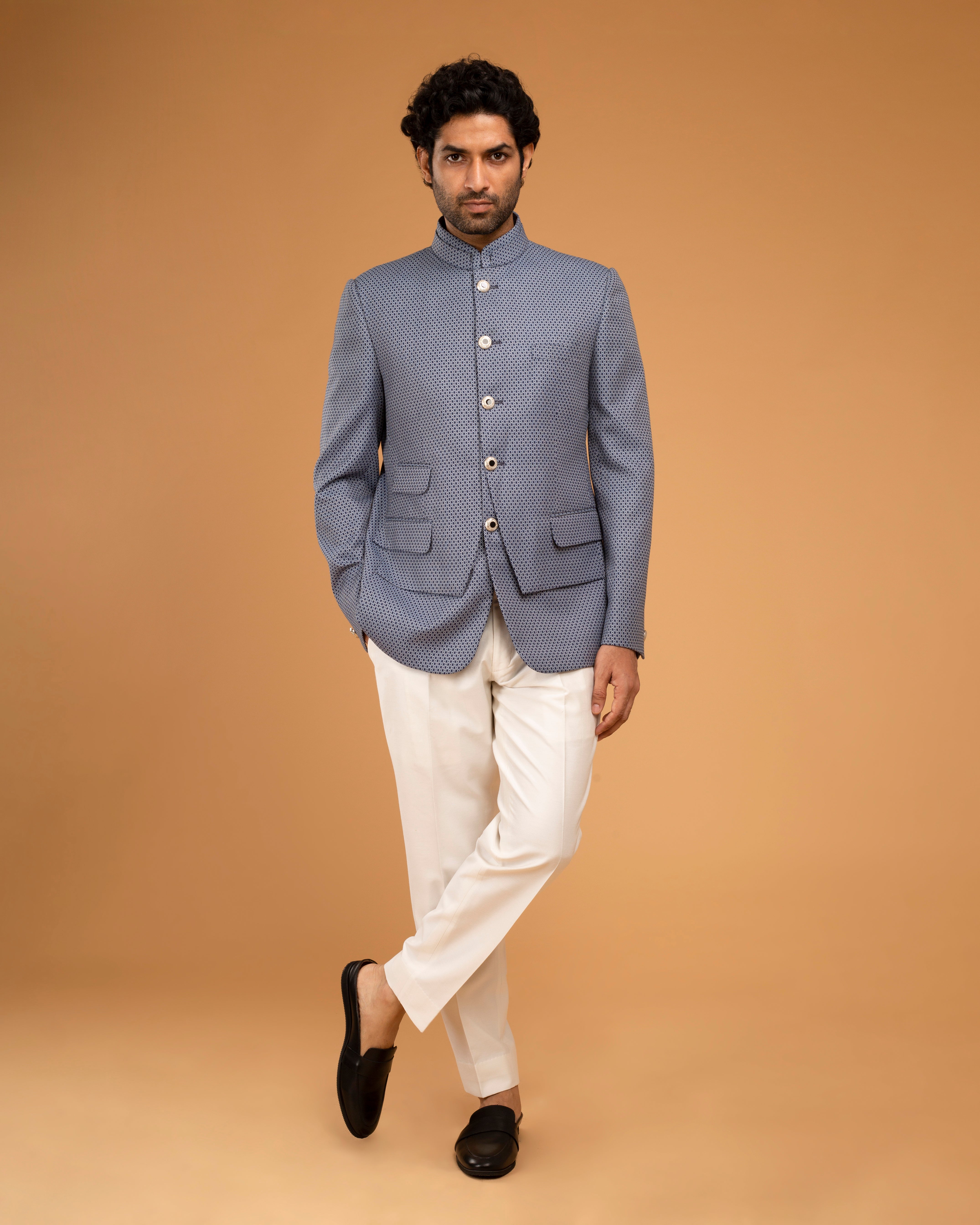 Whiteblue Texture Bandhgala With Front  Panel