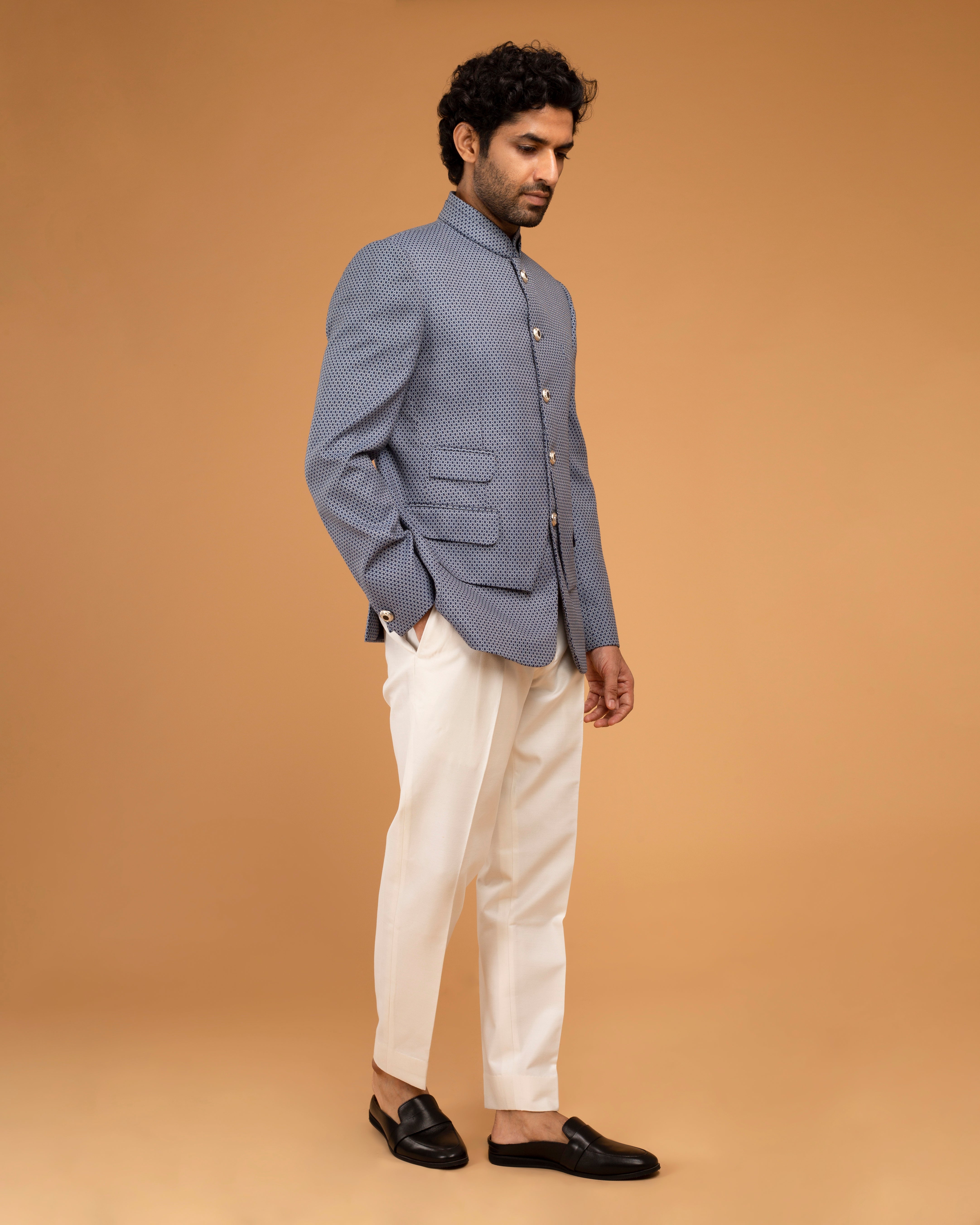Whiteblue Texture Bandhgala With Front  Panel small