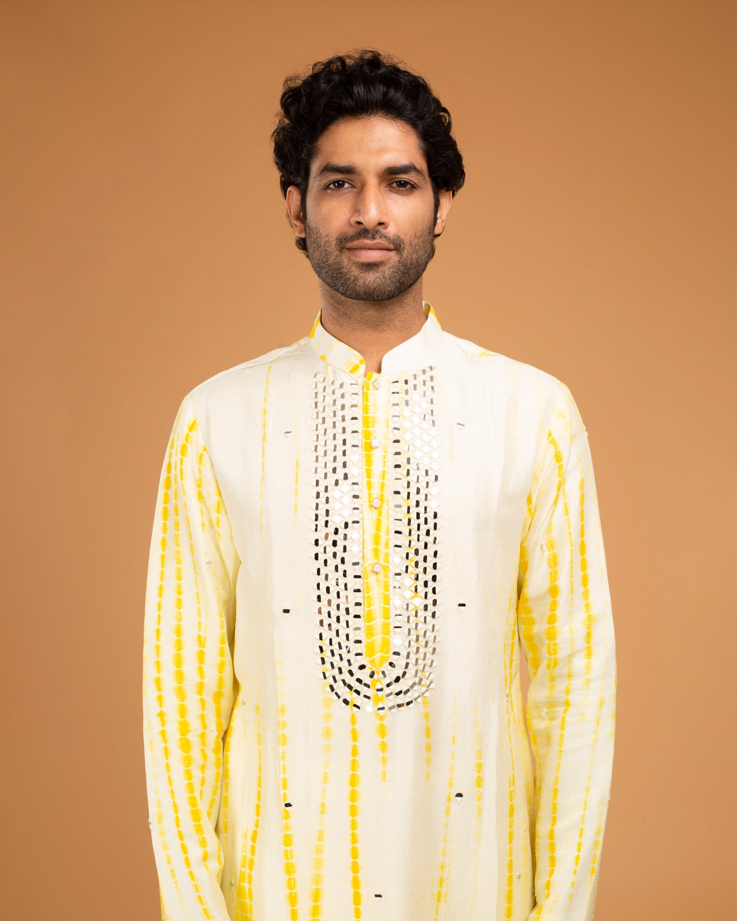Yellow Tie Dye Kurta With Mirror Work