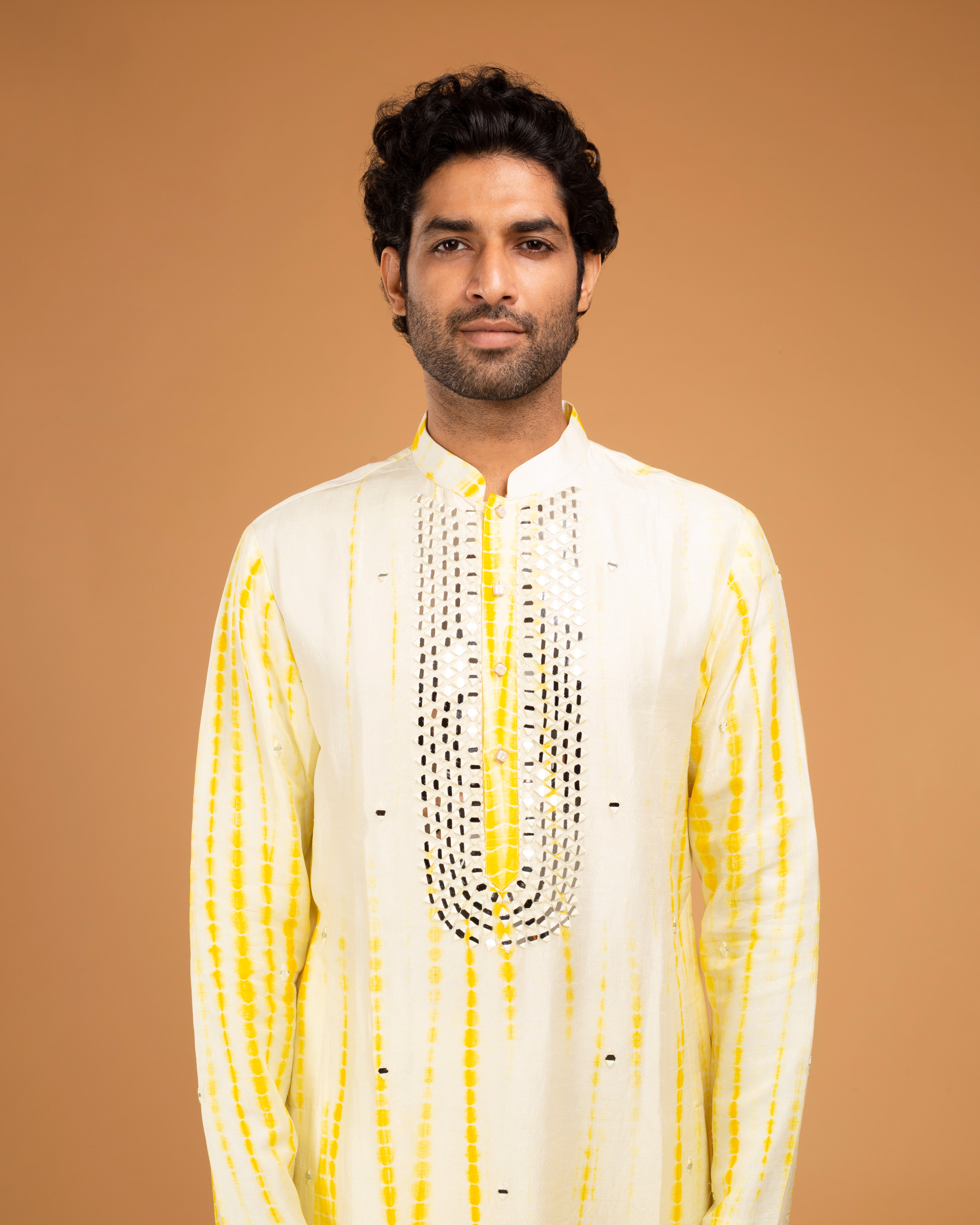 Yellow Tie Dye Kurta With Mirror Work
