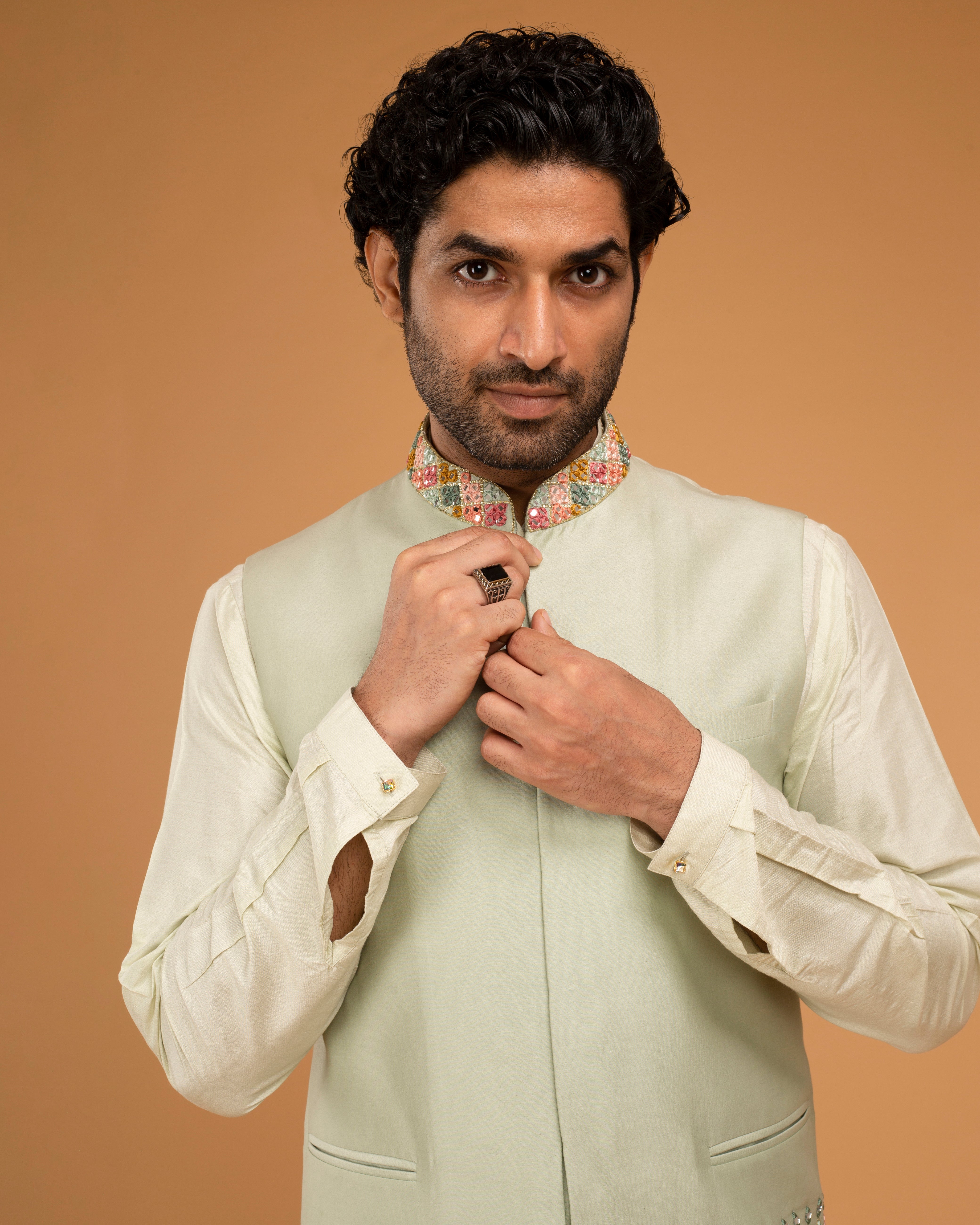 Mint Nehru With Mirror Work Pista Kurta