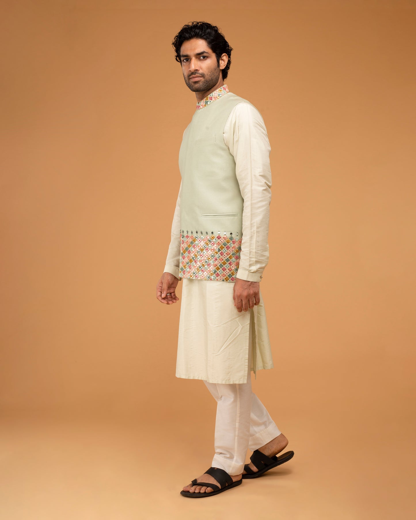 Mint Nehru With Mirror Work Pista Kurta