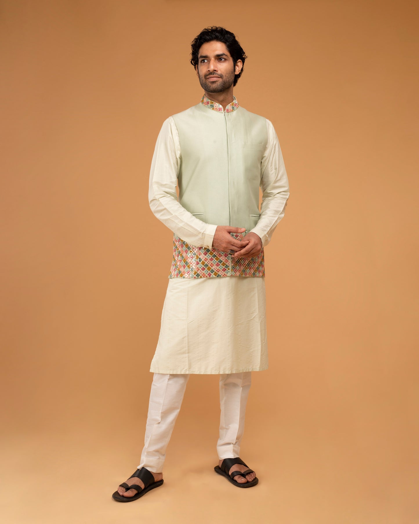 Mint Nehru With Mirror Work Pista Kurta