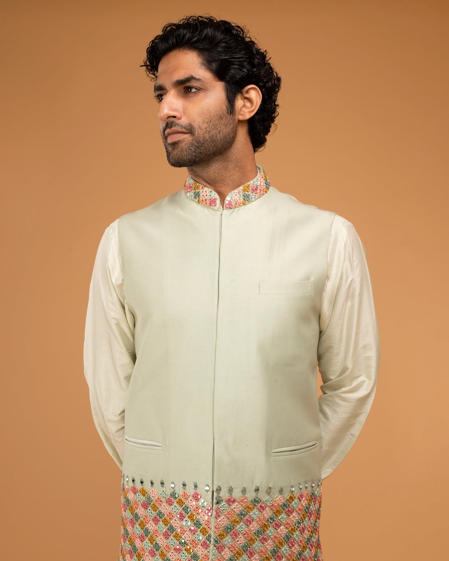 Mint Nehru With Mirror Work Pista Kurta