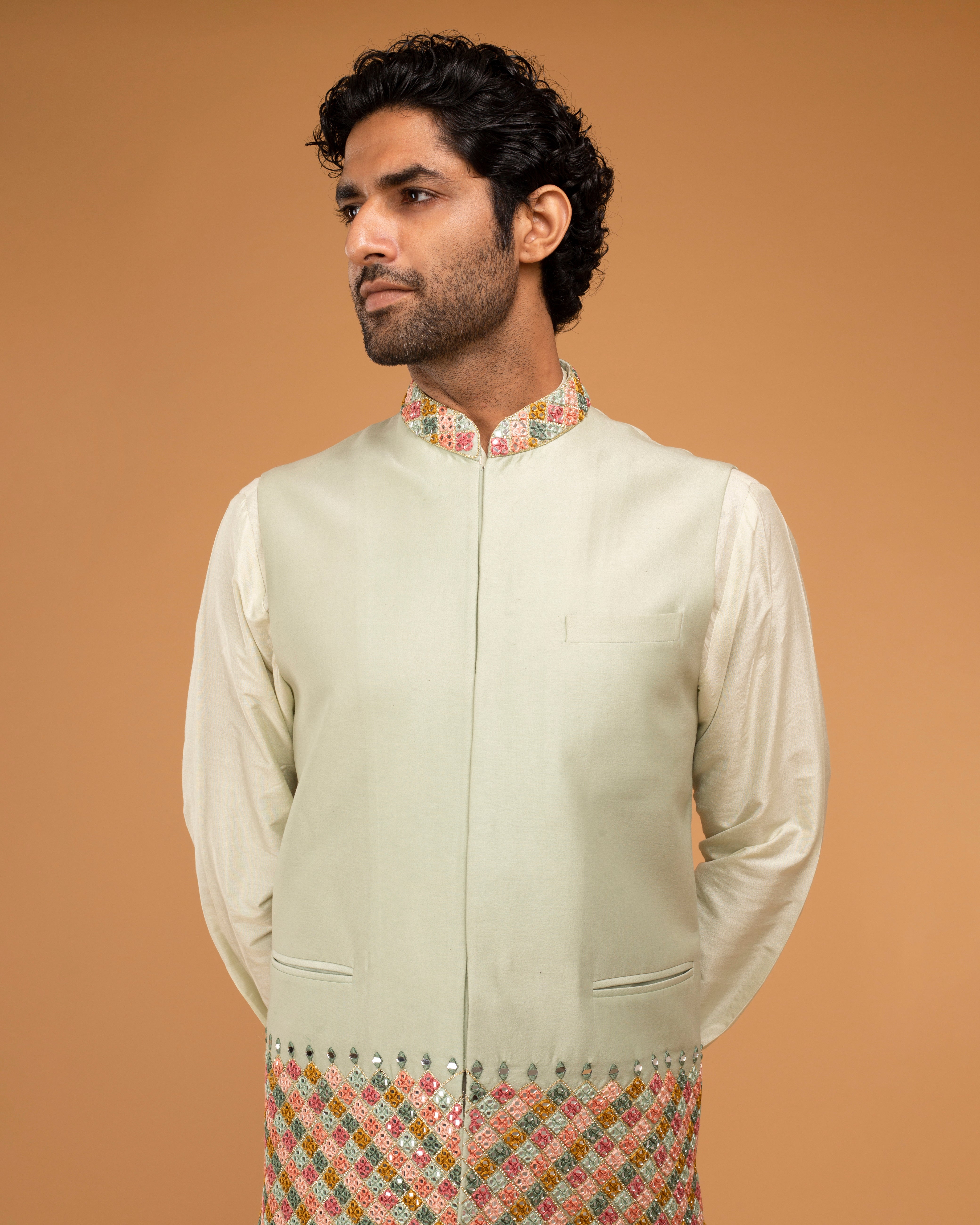 Mint Nehru With Mirror Work Pista Kurta