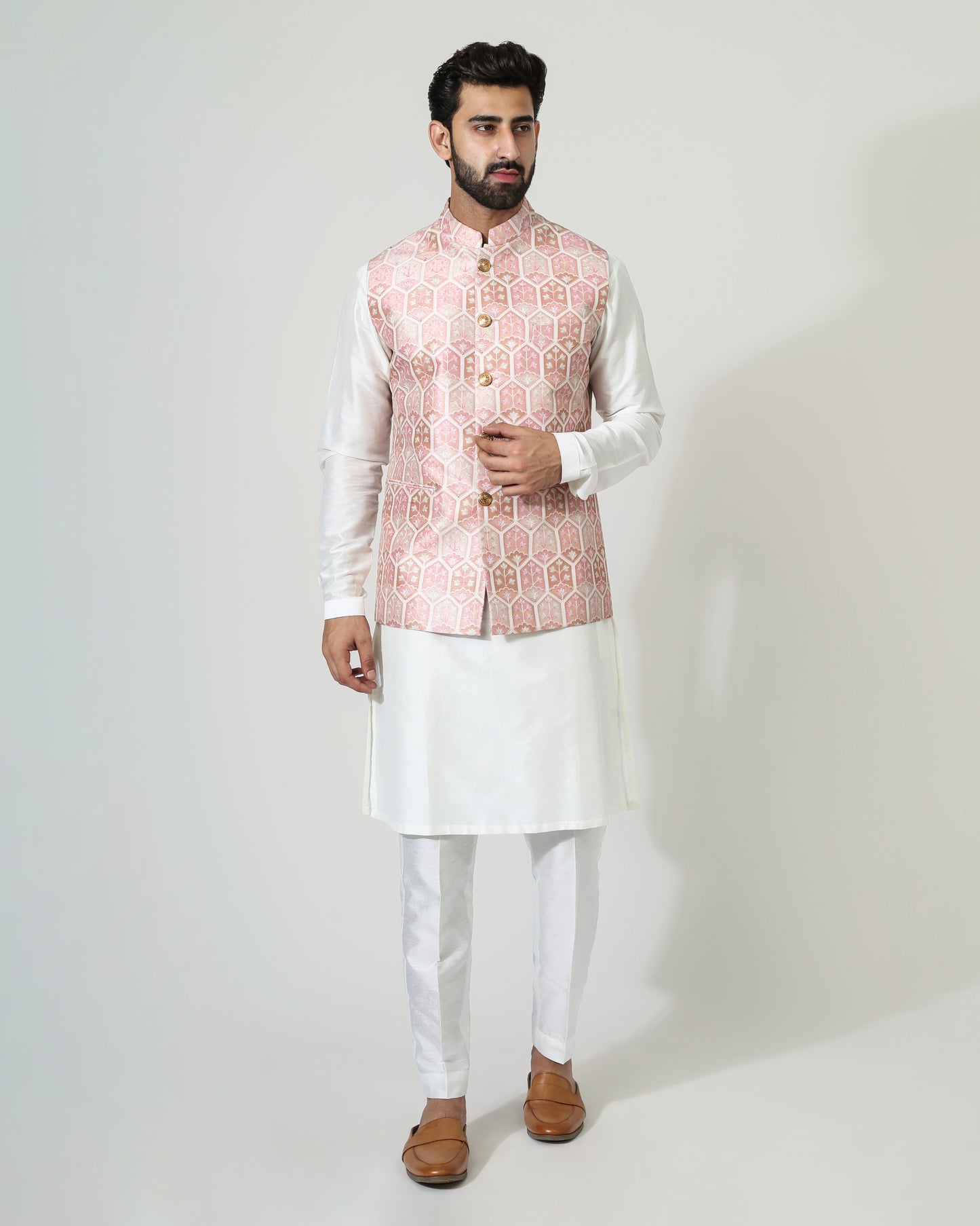 Pastel Red Ojis Nehru Jacket with kurta pyjama