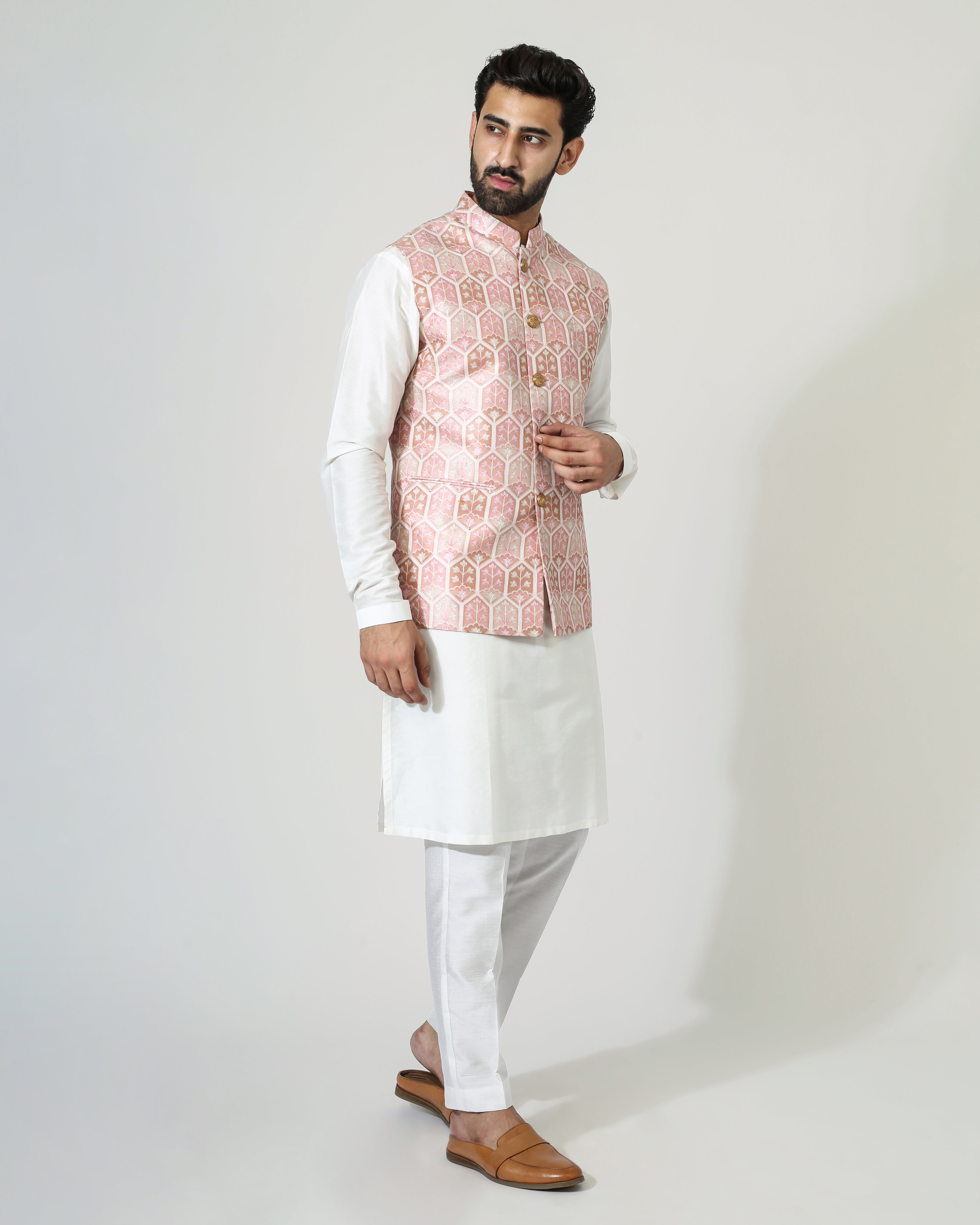 Pastel Red Ojis Nehru Jacket with kurta pyjama