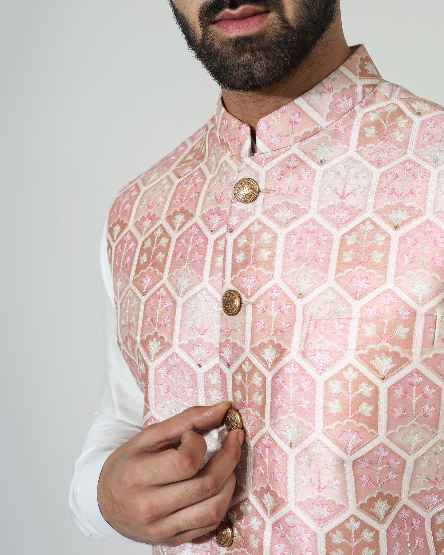 Pastel Red Ojis Nehru Jacket with kurta pyjama