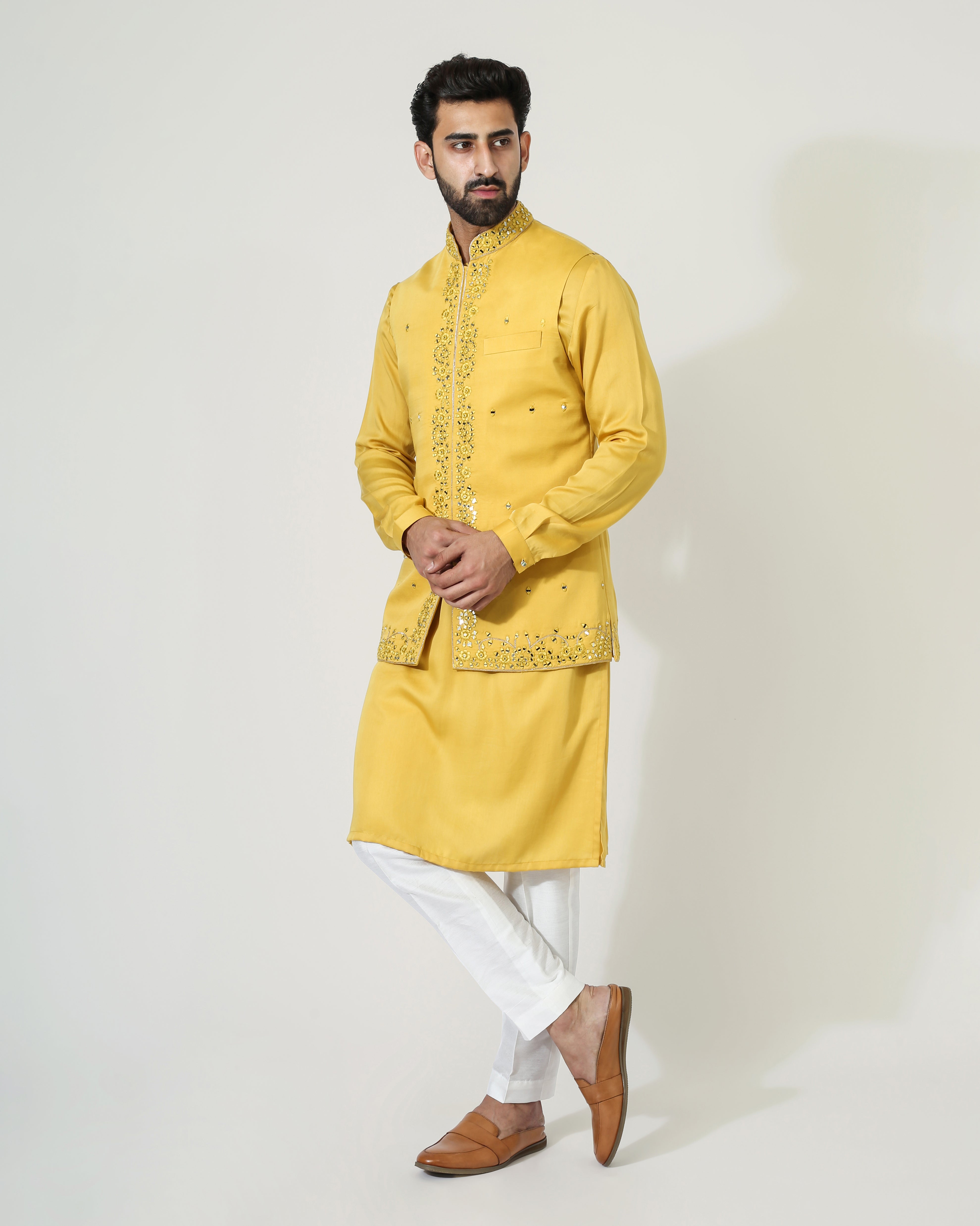 Yellow Mirror Work Nehru Jacket with kurta pyjama