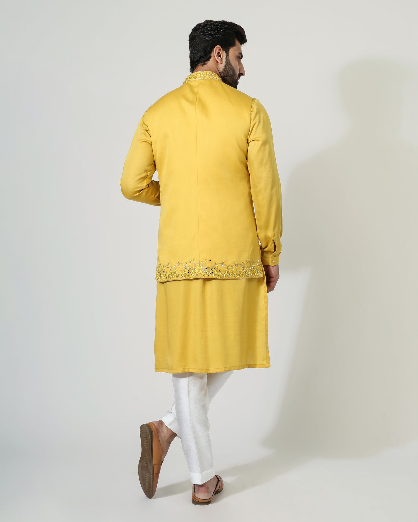 Yellow Mirror Work Nehru Jacket with kurta pyjama