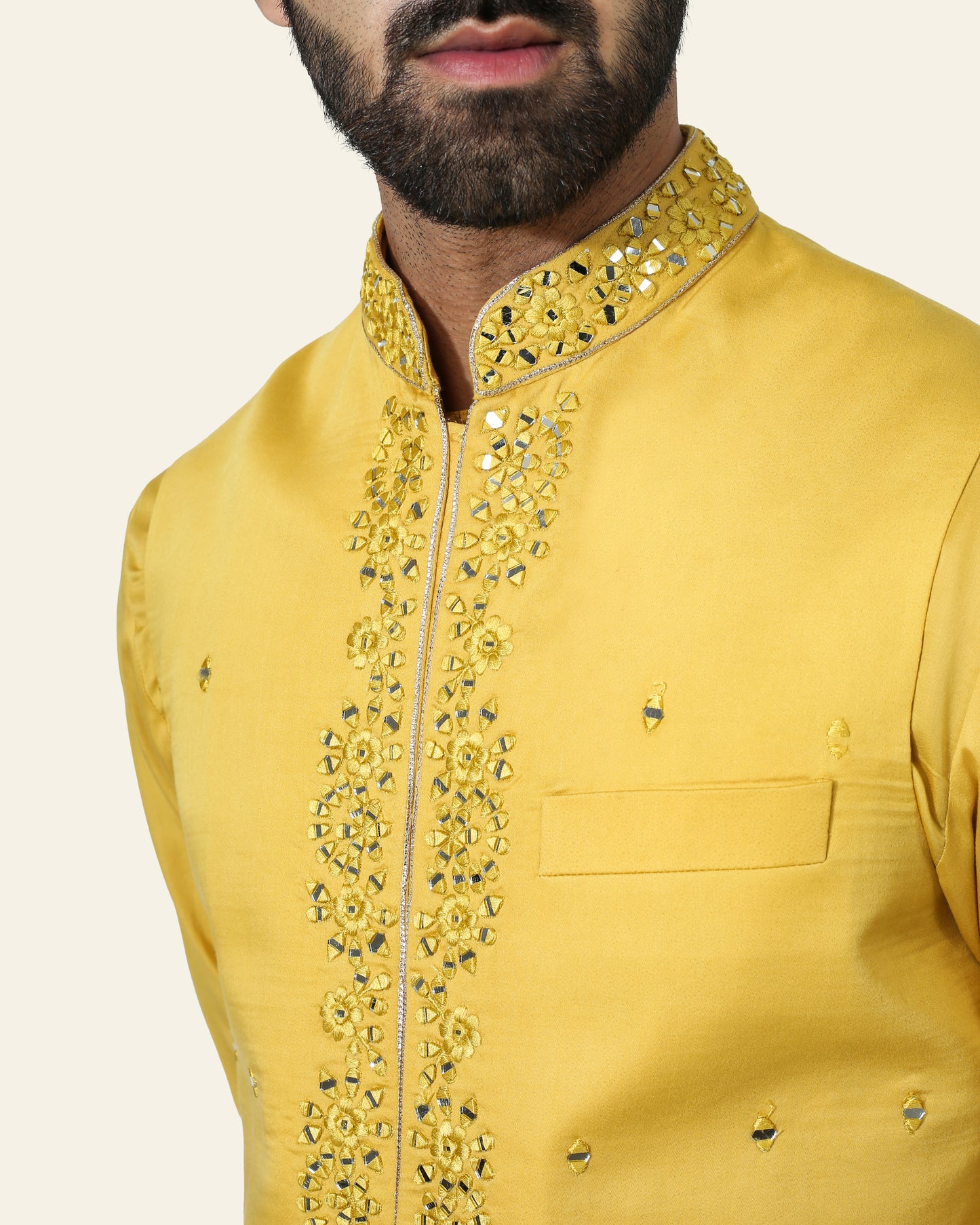 Yellow Mirror Work Nehru Jacket with kurta pyjama