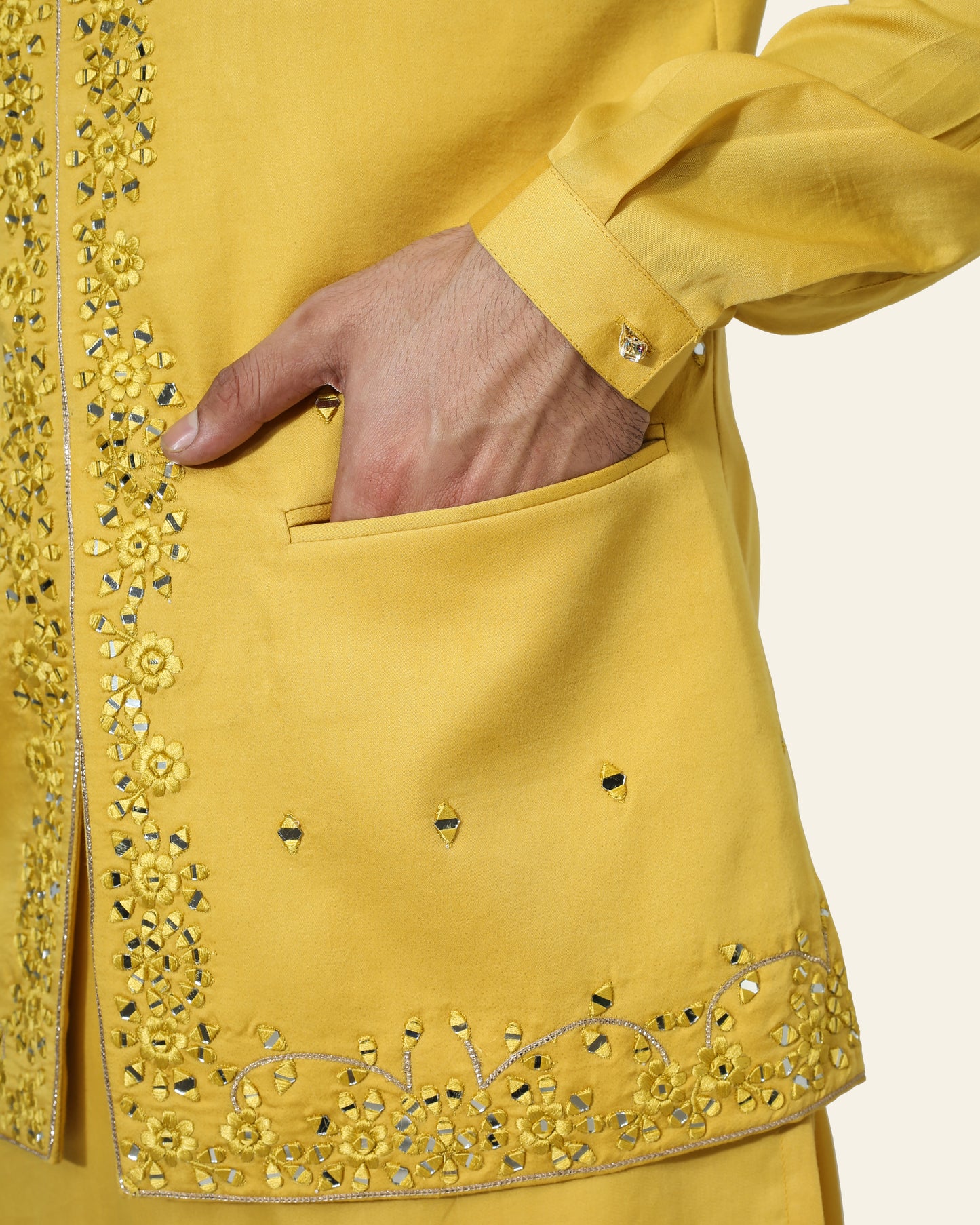 Yellow Mirror Work Nehru Jacket with kurta pyjama
